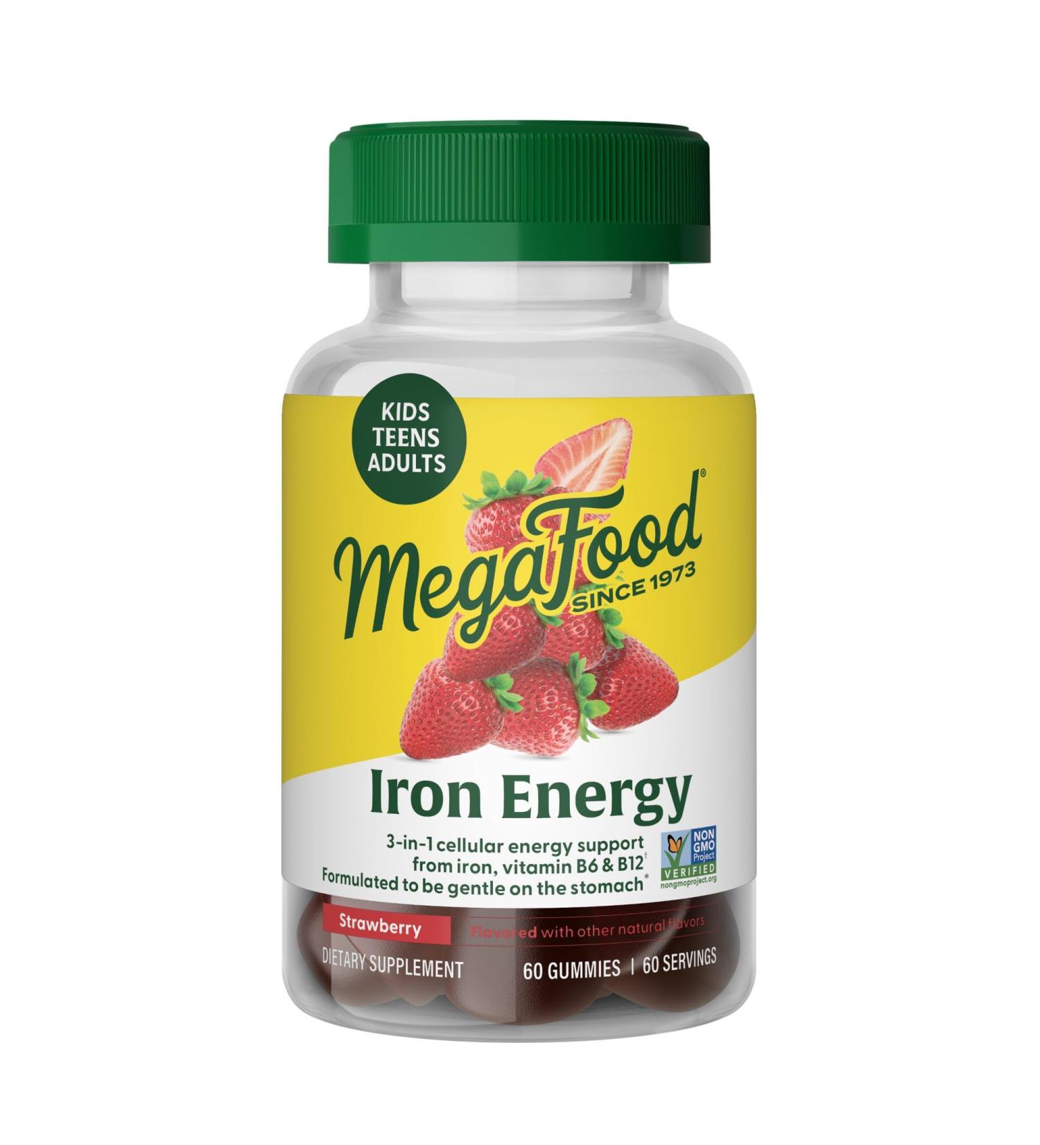 Megafood Iron Energy Gummies Iron Supplement for Women Men Teens & Kids with Vitamin B12 & B6 Vitamins from The Makers of Blood Builder Supplement Strawberry Flavor 60 Count - Buy Online on GoSupps.com
