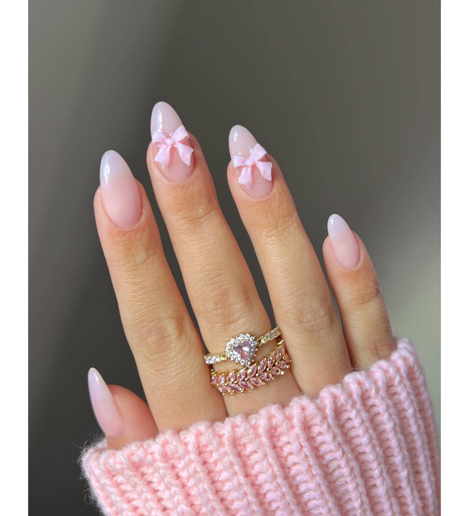 Almond Press on Nails with Bow Charm - Cute Pink Medium Acrylic Nails for Women & Girls | Reusable Glue-on False Nails - Buy Online on GoSupps.com