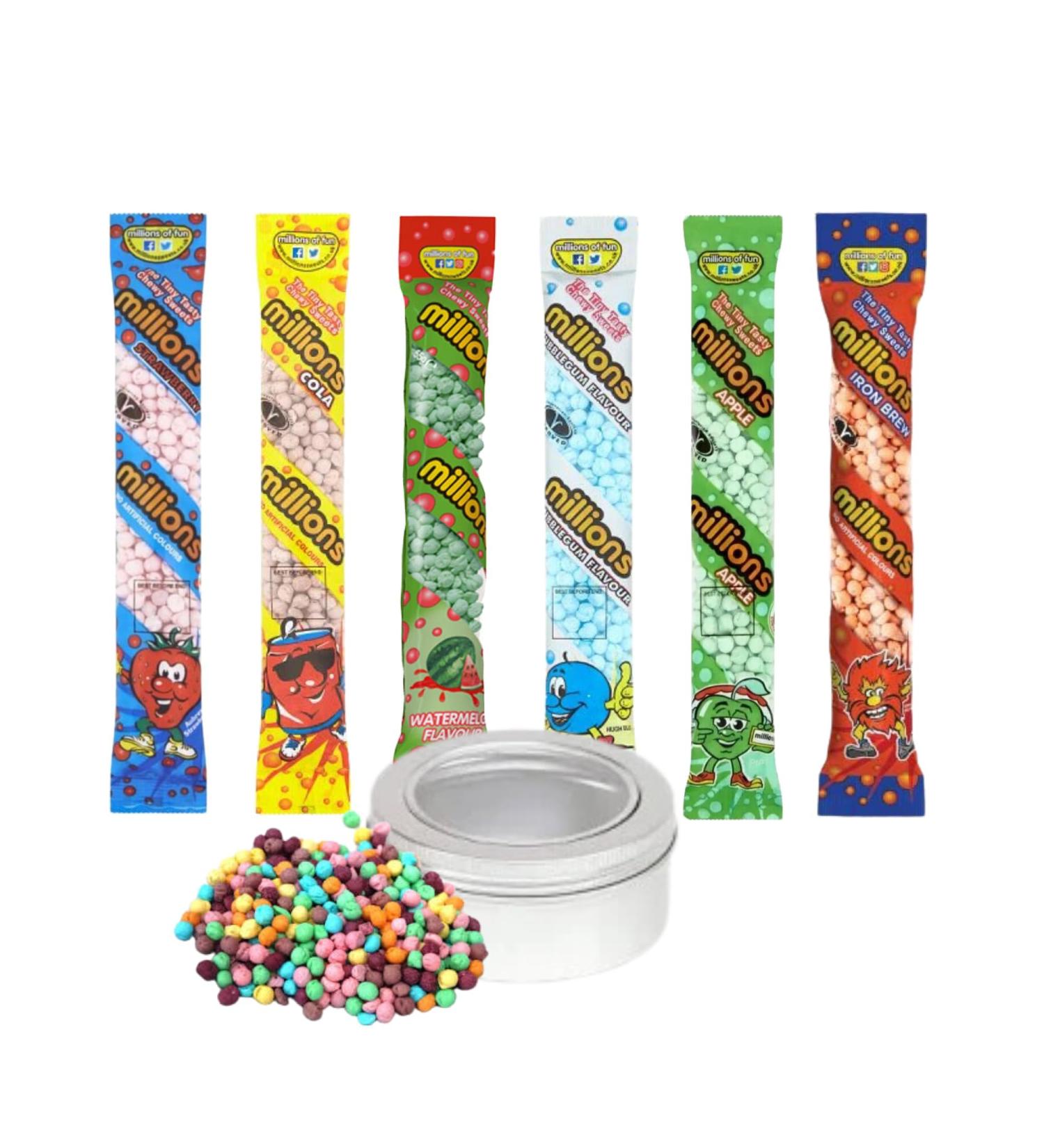 Millions Tubes x6 Sweet Bags - Bundle with TinTastic Silver On-the-Go Travel Lid Tin - Perfect for Parties and Snacking - Chewy and Colorful in Assorted Flavors - Buy Online on GoSupps.com