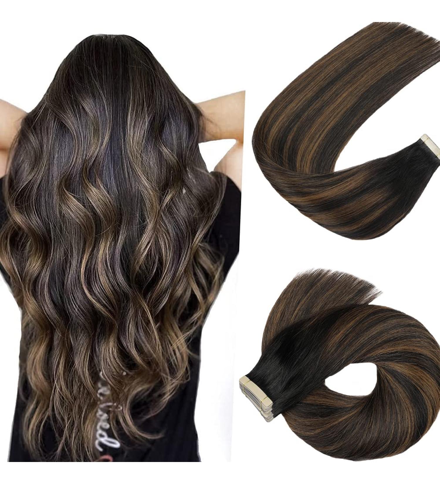 Hotlulana 20 Balayage Tape In Hair Extensions - 100% Real Hair - Natural Black to Chestnut Brown - 50g Skin Weft - 20PCS #1B/6 - Buy Online on GoSupps.com