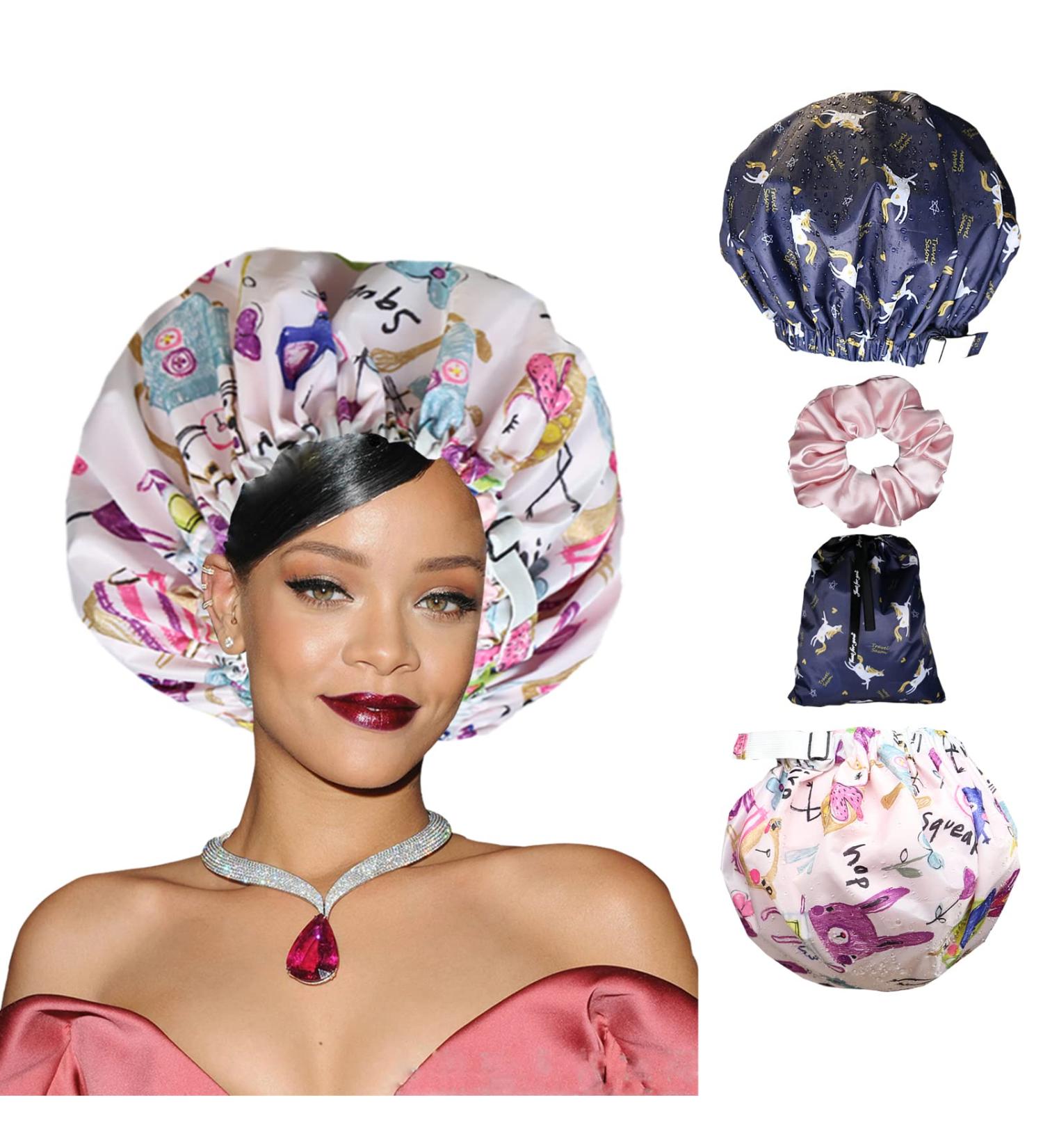 2Pcs Extra Large Waterproof Shower Cap for Women - Machine Washable & Reusable Silky Satin-Lined, Adjustable, Double Layers, Reversible - Buy Online on GoSupps.com