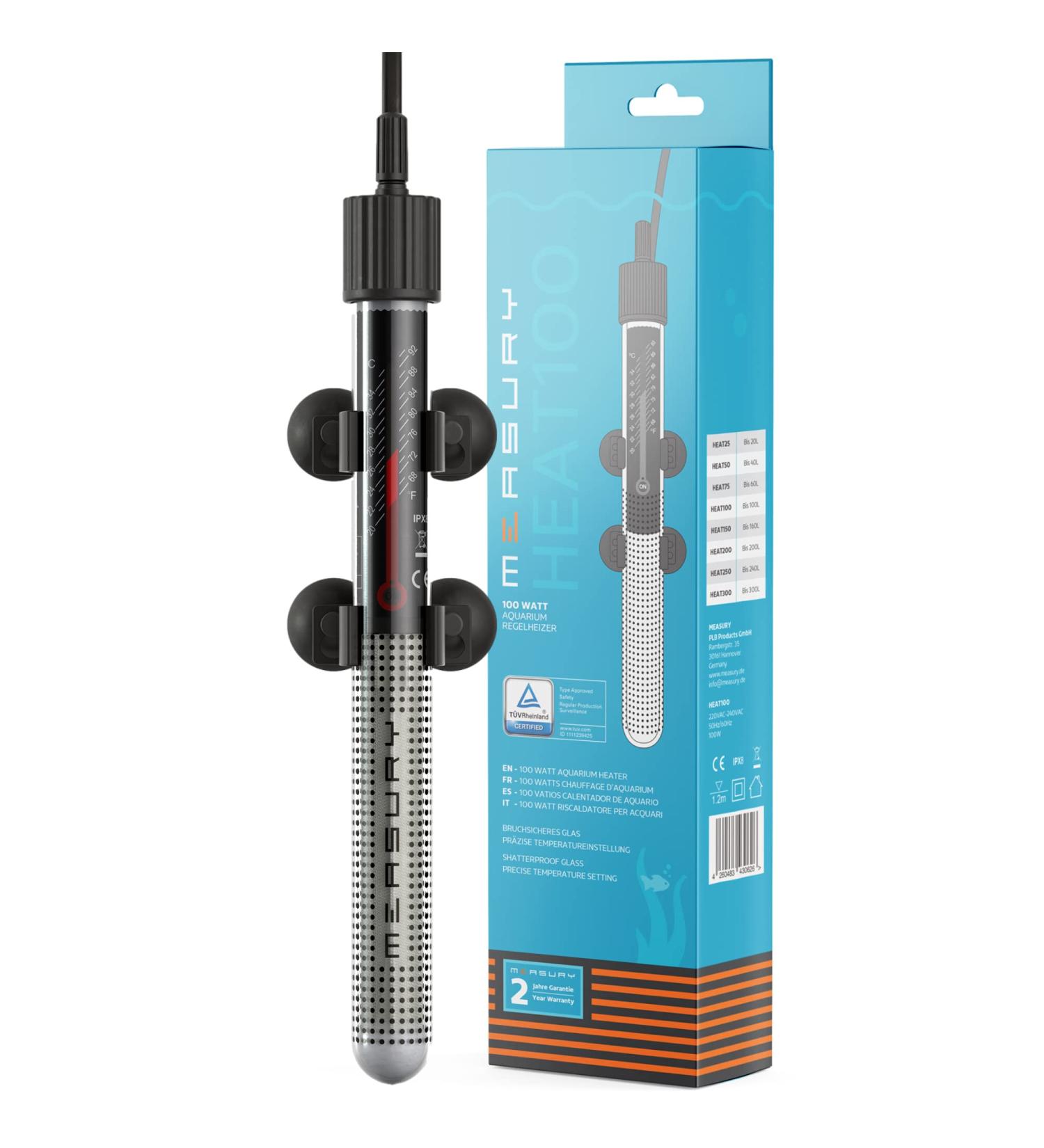 Measury Aquarium Heater 100W - Efficient Heating Rod for Aquariums up to 100L with Indicator Light - Buy Online on GoSupps.com