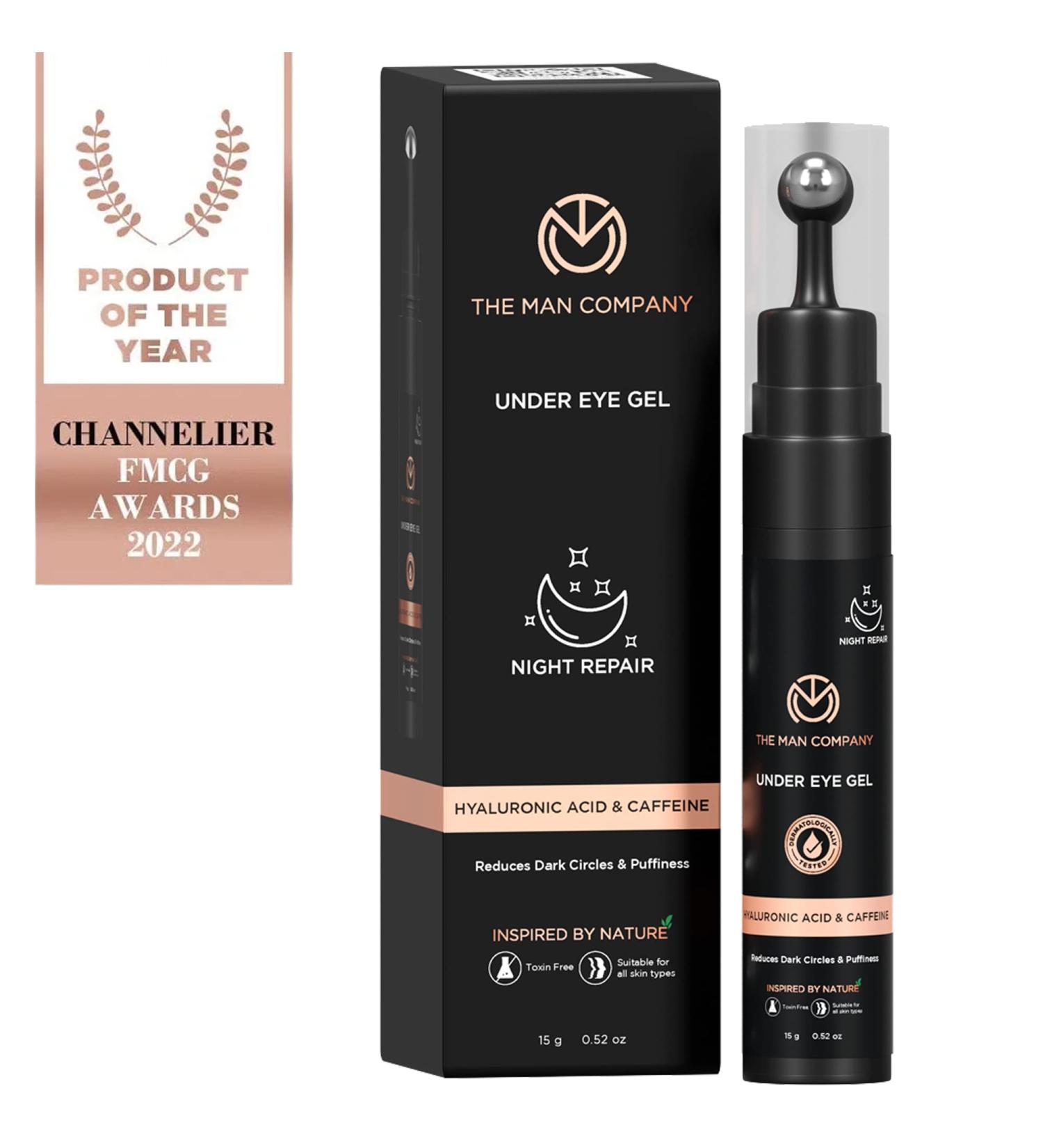 The Man Company Under Eye Gel with Cooling Massage Roller - 15gm | Dark Circles, Fine Lines, Puffy Eyes | Caffeine & Hyaluronic Acid - Buy Online on GoSupps.com
