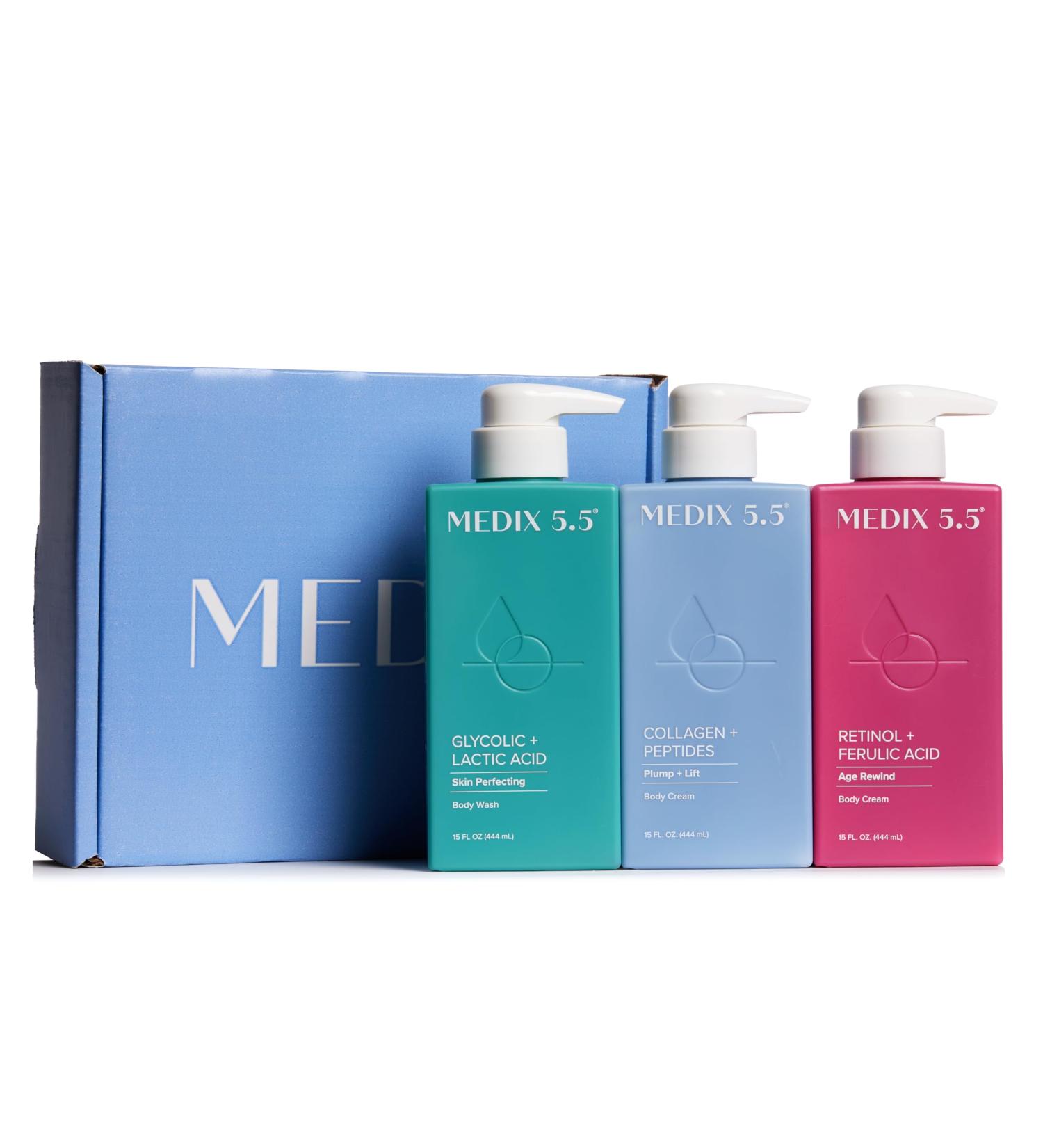 MEDIX Smooth & Firm 3PC Skin Care Set | Glycolic Acid Exfoliating Body Wash Gel + Firming Collagen Cream + Retinol Body Lotion Moisturizer Gift Box | Anti Aging Skin Care Products | Gifts For Women - Buy Online on GoSupps.com