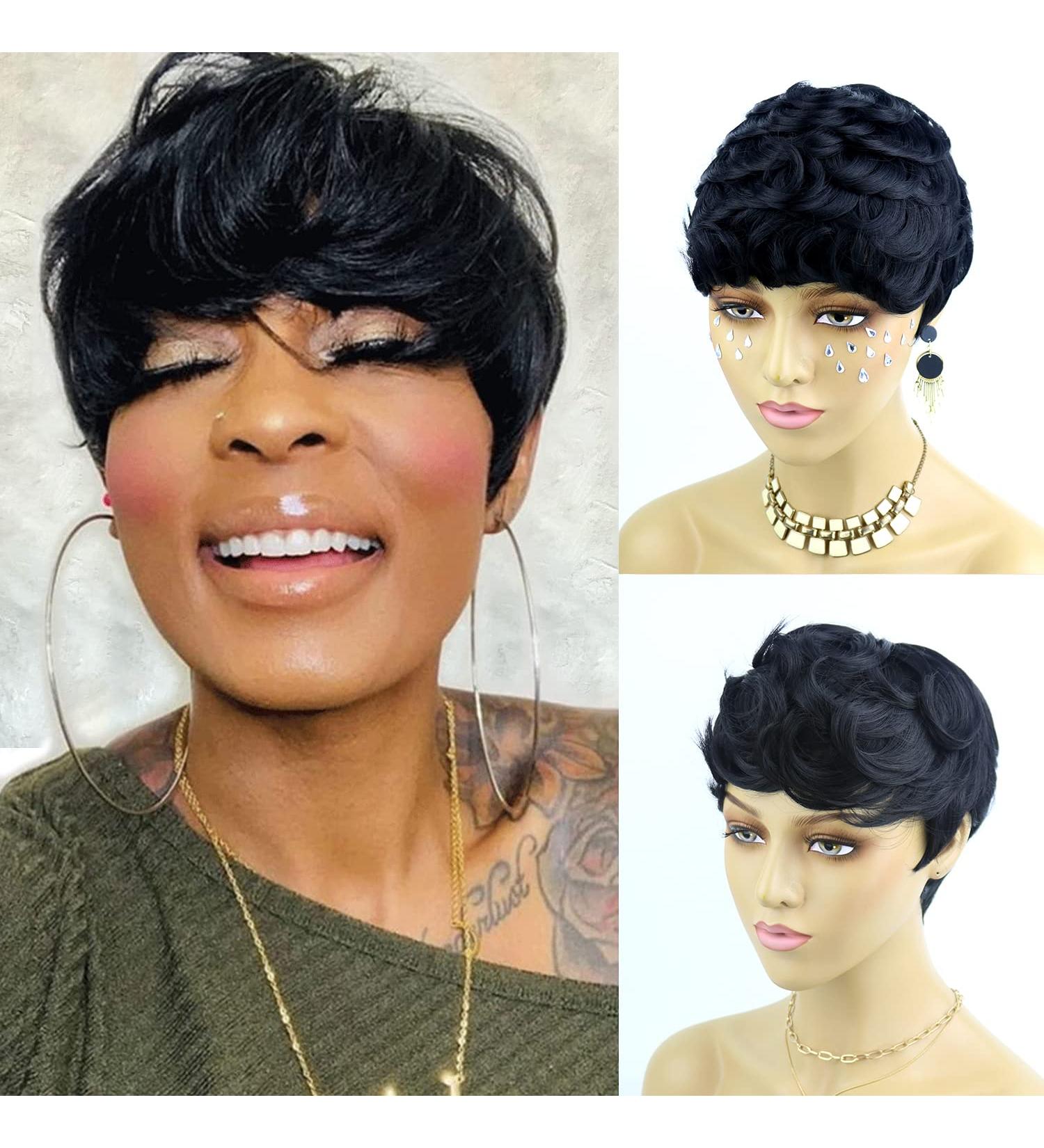 Short Curly Black Wig with Bangs for Black Women - Synthetic Pixie Cut Bowl Wavy Style (1B#) - Buy Online on GoSupps.com