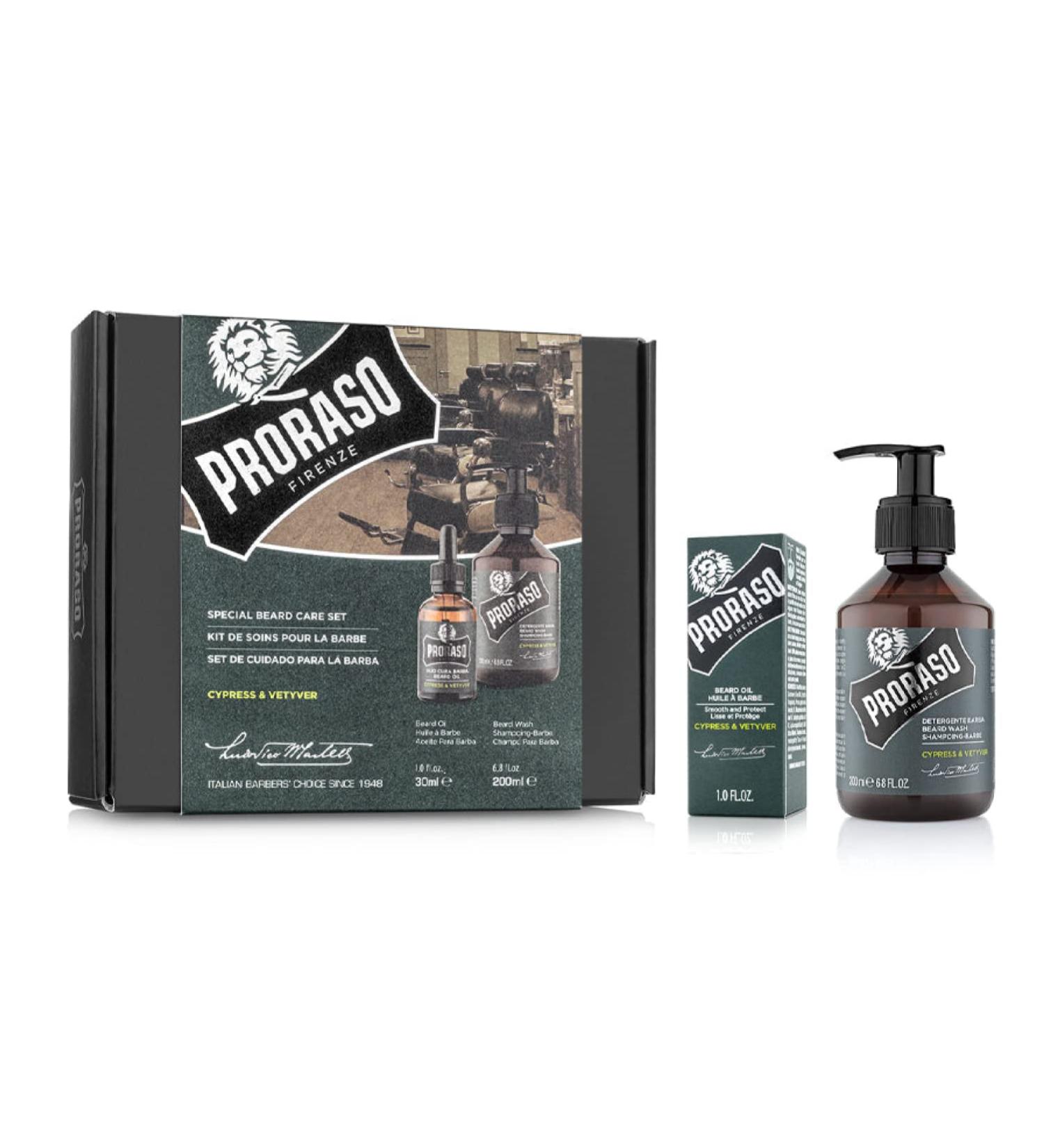 Proraso Beard Care Kit for Men | Beard Wash & Beard Oil Tame Cleanse & Detangle Full Thick and Coarse Beards | Cypress and Vetyver