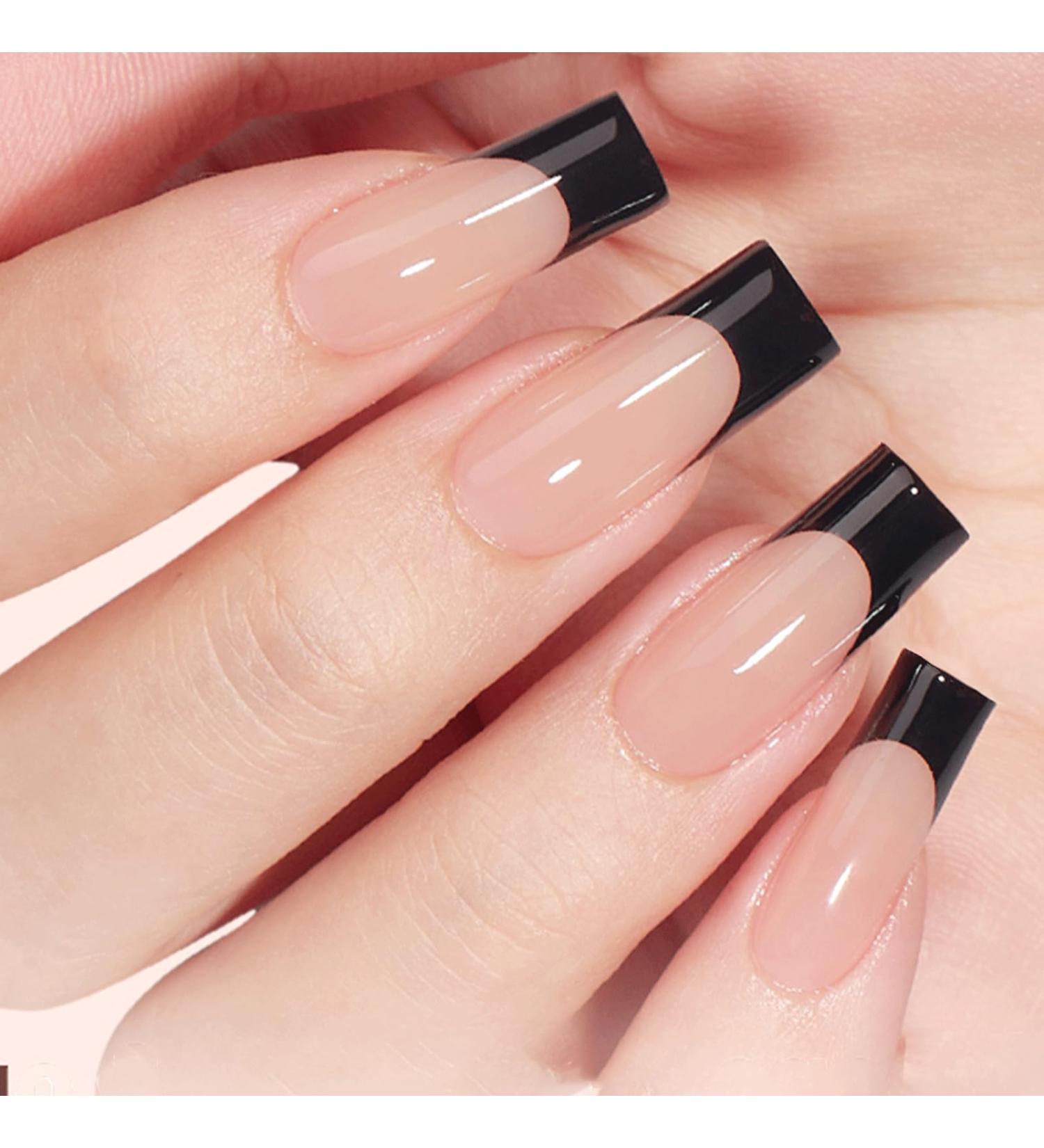 24PCS Black French False Nails | Medium Square Full Cover Press on Nails with Jelly Glue | Fake Nails for Women & Girls - Buy Online on GoSupps.com
