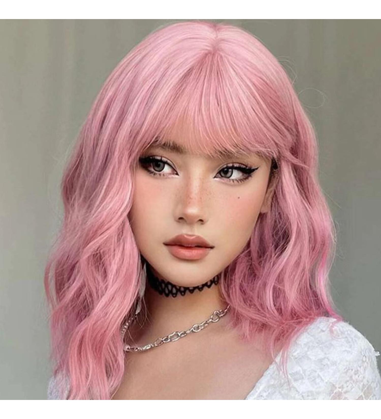 Testar 14-inch Pastel Pink Wavy Bob Wig for Women | Short Purple Rosa Synthetic Cosplay Wig | Naturally Looking Loose Waves - Buy Online on GoSupps.com