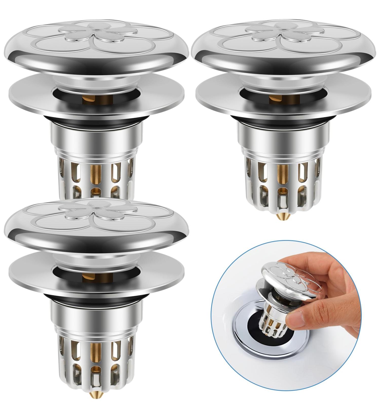 3Pcs Bathroom Sink Stopper with Drain Hole Pop Up Sink Drain Stopper Universal Pop Up Sink Drain Strainer for 34 to 40mm Drain Holes Removable Stainless Steel Basin Drain Strainer for Bathroom - Buy Online on GoSupps.com