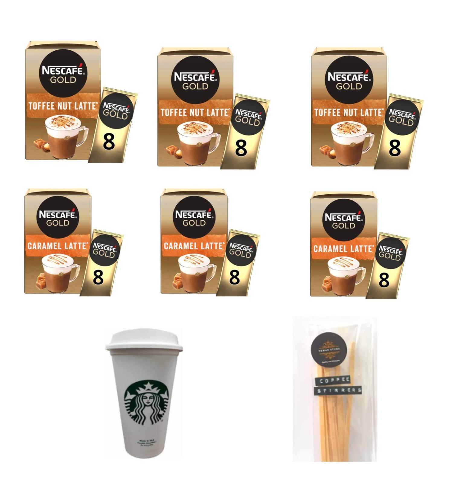 Nescafe Gold Instant Coffee Sachets Mix Contains 24 Sachets Each of Toffee Nut Latte and Caramel Latte Flavours Bundled With 48 x Temas Store Coffee Stirrers & A Reusable Coffee Cup| Coffee Gift Set - Buy Online on GoSupps.com