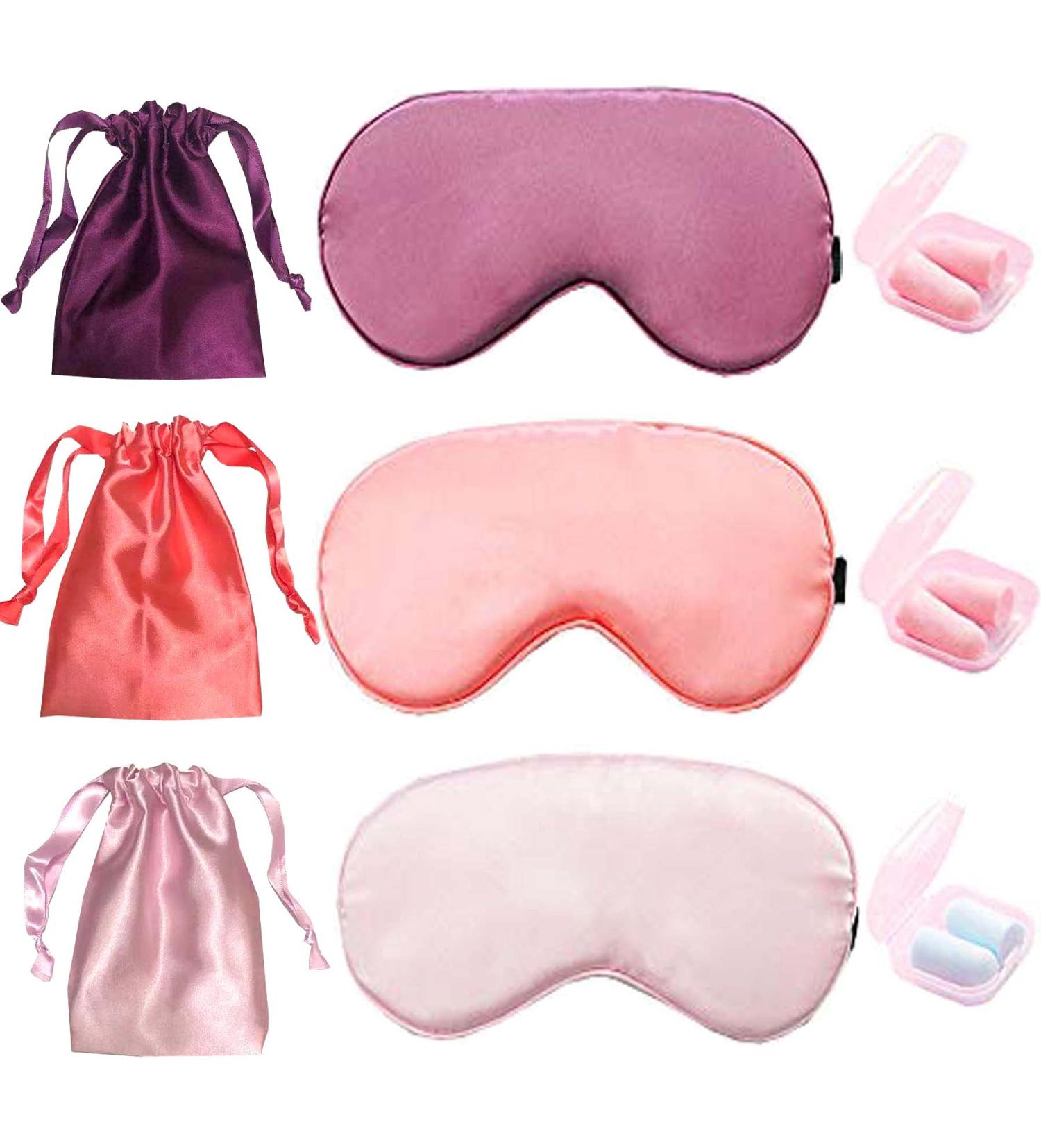 HappyDaily Pack of 3 Elegant and Comfortable Silk Sleep Masks with Boxed Soft Foam Ear Plugs and Beautiful Travel Pouches (Pink/Watermelon Red/Purple)