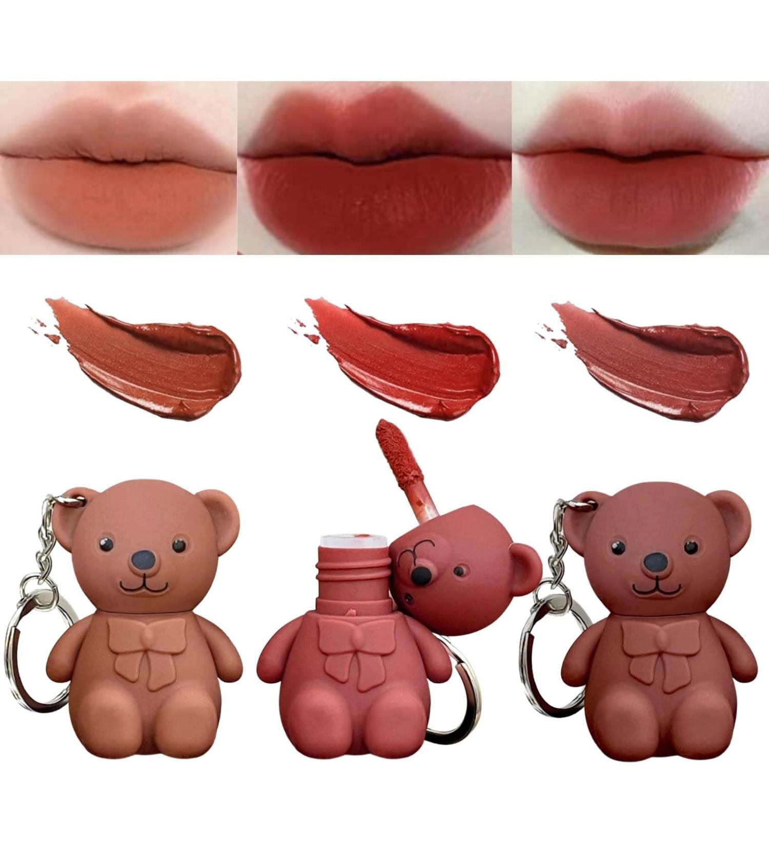 3PCS Keychain Bear Lipstick Set | 2 in 1 Velvet Matte Lipstick and Lip Mud | Cute Bear Design | Long-Lasting Hydration | Beauty Makeup Essentials - Buy Online on GoSupps.com