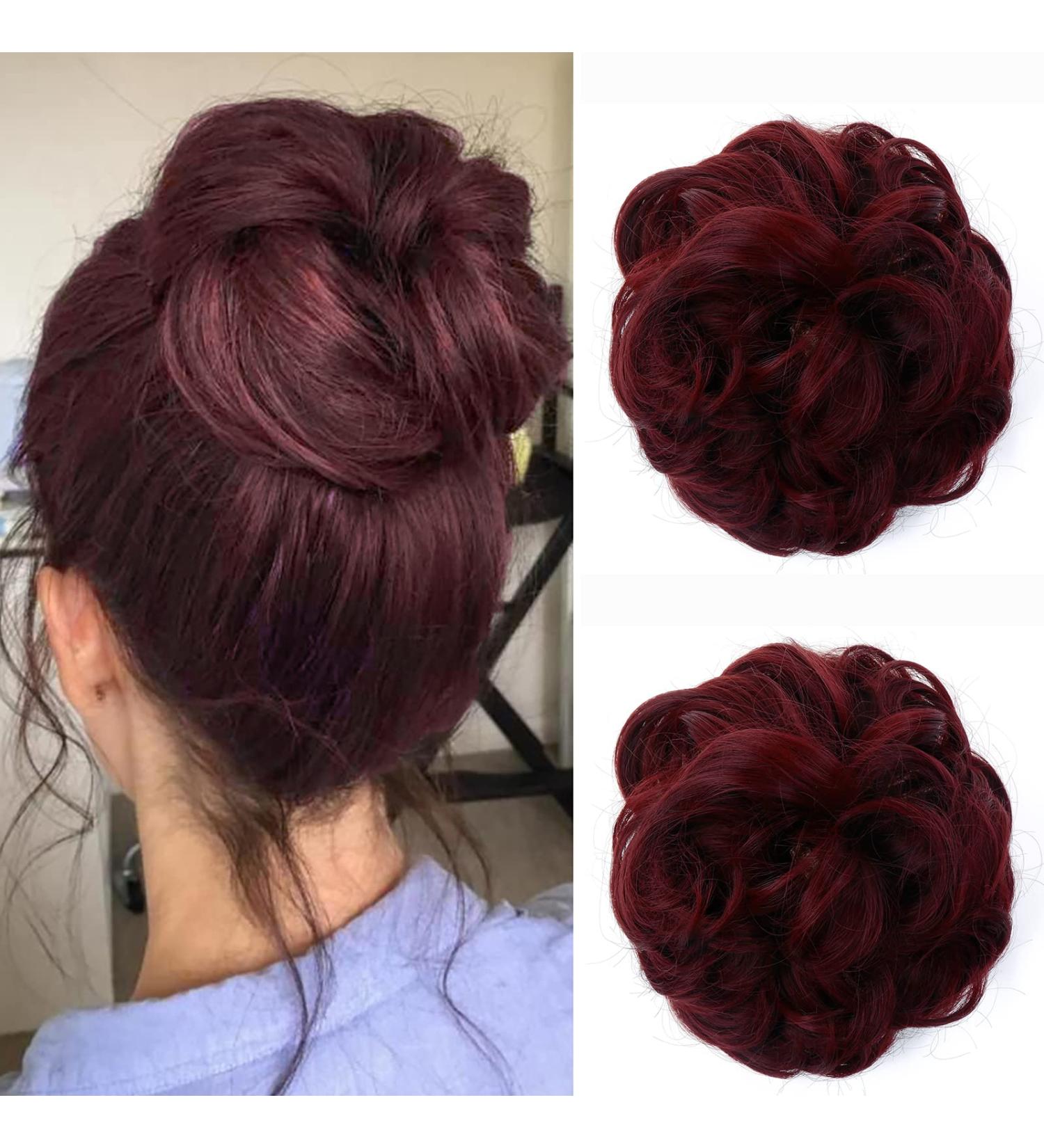 JJstar 2PCS Wine Red Messy Bun Hair Piece Curly Fake Hair Buns Updo High Heat Resistant Synthetic Fiber Scrunchies for Women - Buy Online on GoSupps.com