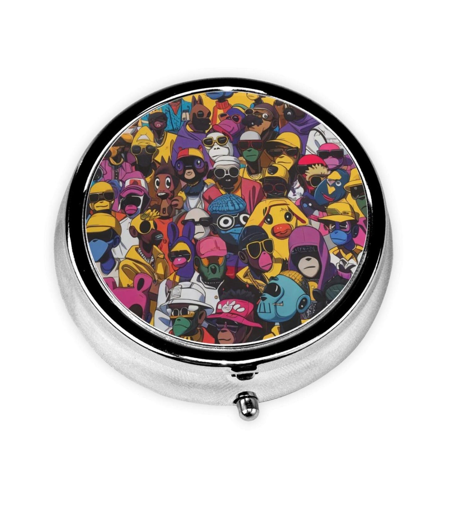 Buy Cartoon Monkey Graphics Portable Metal Pill Box - Round Mini 3-Compartment Design for Small Pills | Travel Must-Have - Buy Online on GoSupps.com