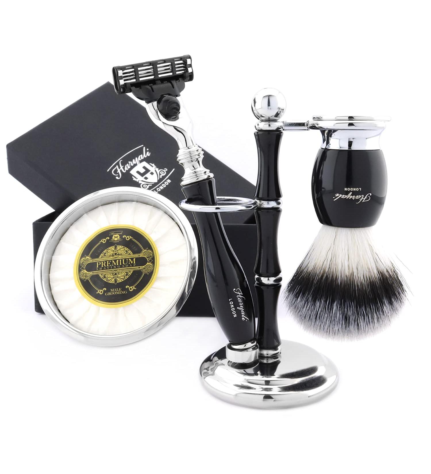 Pure Super Silver Tip Badger Hair Brush Set - Black | Includes Triple Razor Holder Savings Bowl & Soap | Special Edition for Men - Buy Online on GoSupps.com