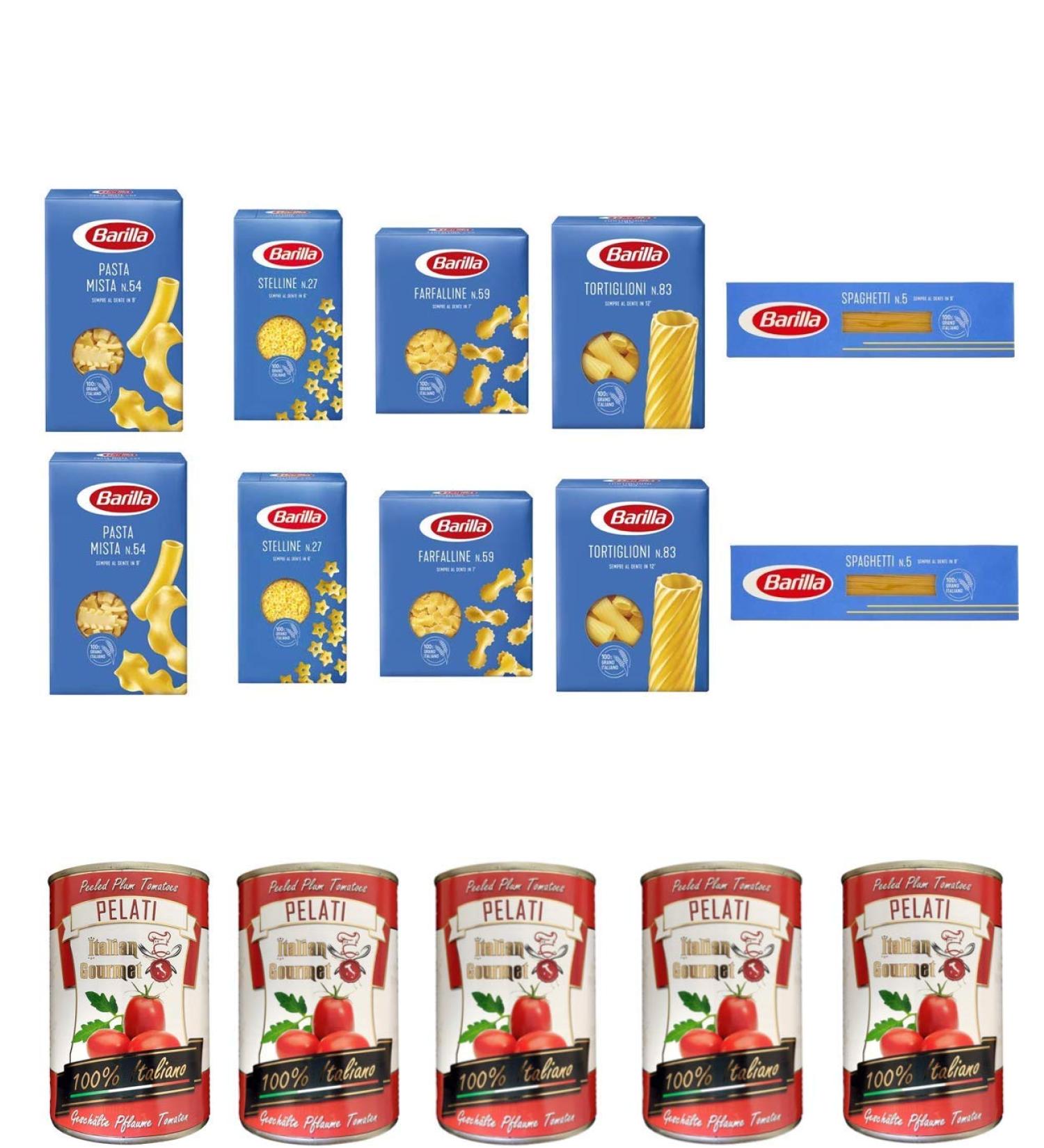 TEST PACKAGE Pasta Barilla Italian 10 x 500 g 5 types of noodles SpaghettiTortiglioniPMistaStellineFarfalline + Italian Gourmet 100 Italian peeled tomato cans 5 x 400 g - Buy Online on GoSupps.com