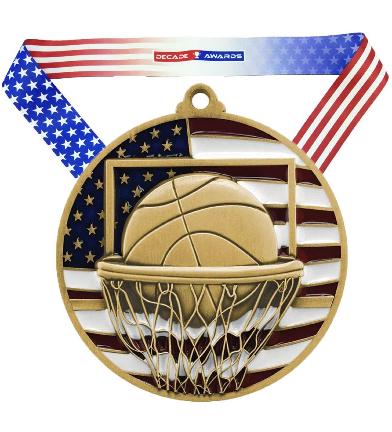 Patriotic Basketball Medal - 2.75 Wide Hoops Medallion with American Flag Ribbon - Buy Online on GoSupps.com