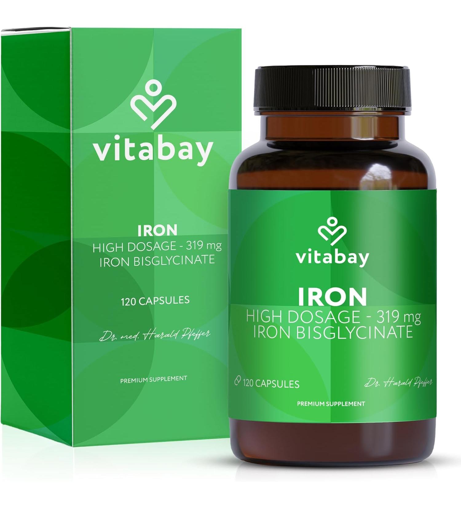Vitabay High-Dosed Iron Capsules - 120 Vegan Iron Tablets with 319 mg Ironbis Glycinat | Premium Iron Supplement for Optimal Health - Buy Online on GoSupps.com