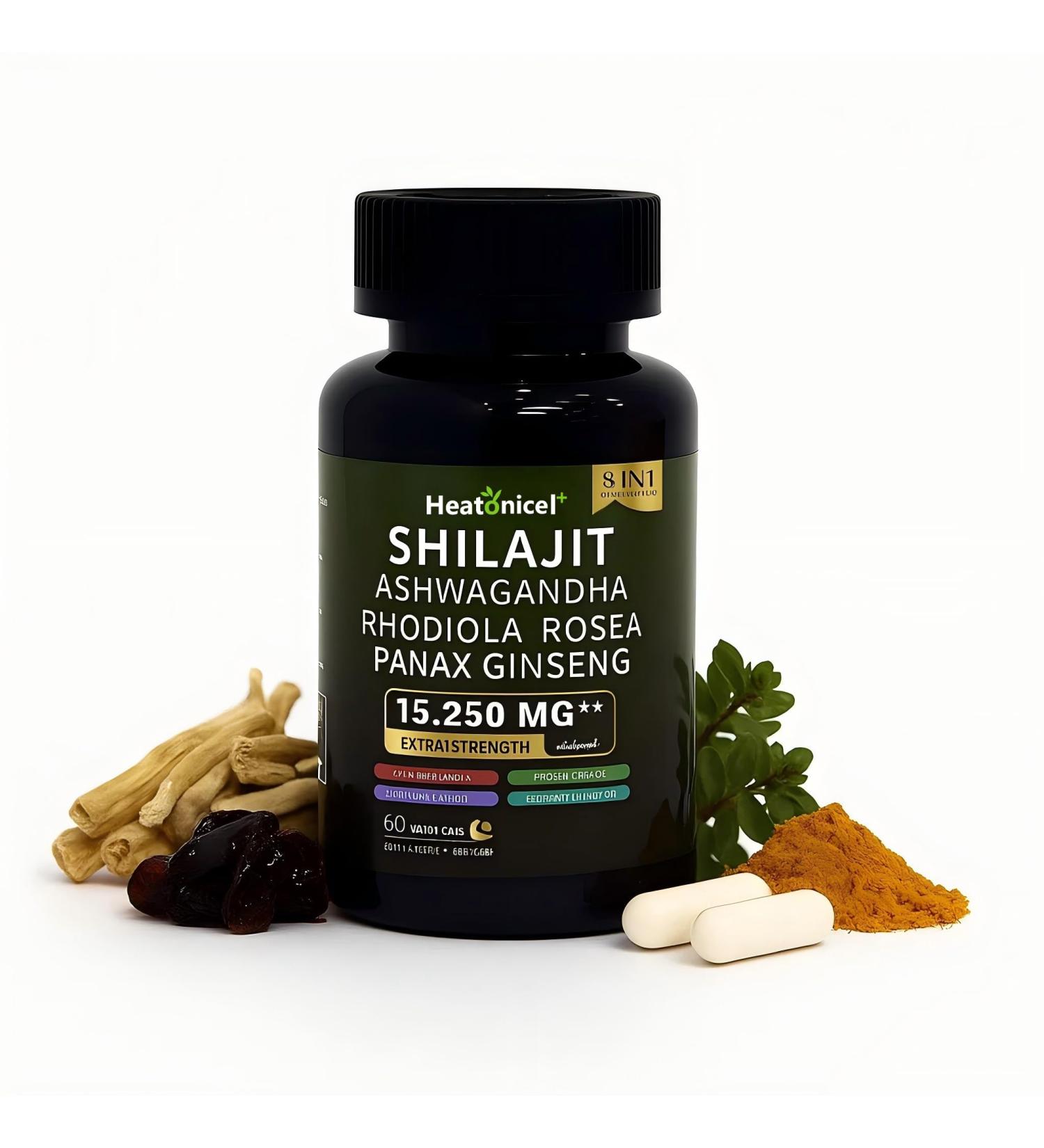 Heatonicel Shilajit Capsules for Men 8 in 1 Herbal Supplement Energy Booster for Adults Natural Formula with Ashwagandha Rhodiola Rosea Vegan Support Overall Health|Vitality 60 Count - Buy Online on GoSupps.com