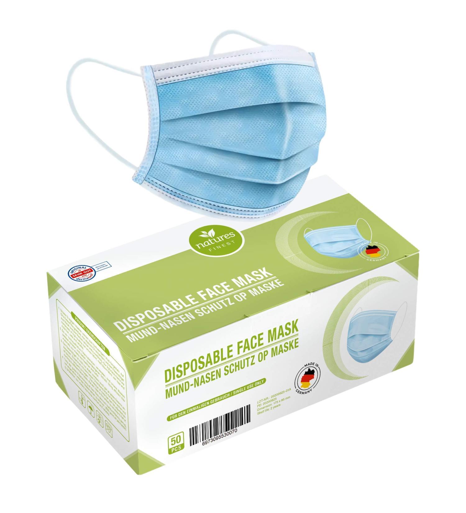 Nature Finest EN14683 Type IIR Masks - 50x Disposable Respiratory Protection - Made in Germany - 98% BFE Certified Medical Mouth & Nose Protection - Buy Online on GoSupps.com