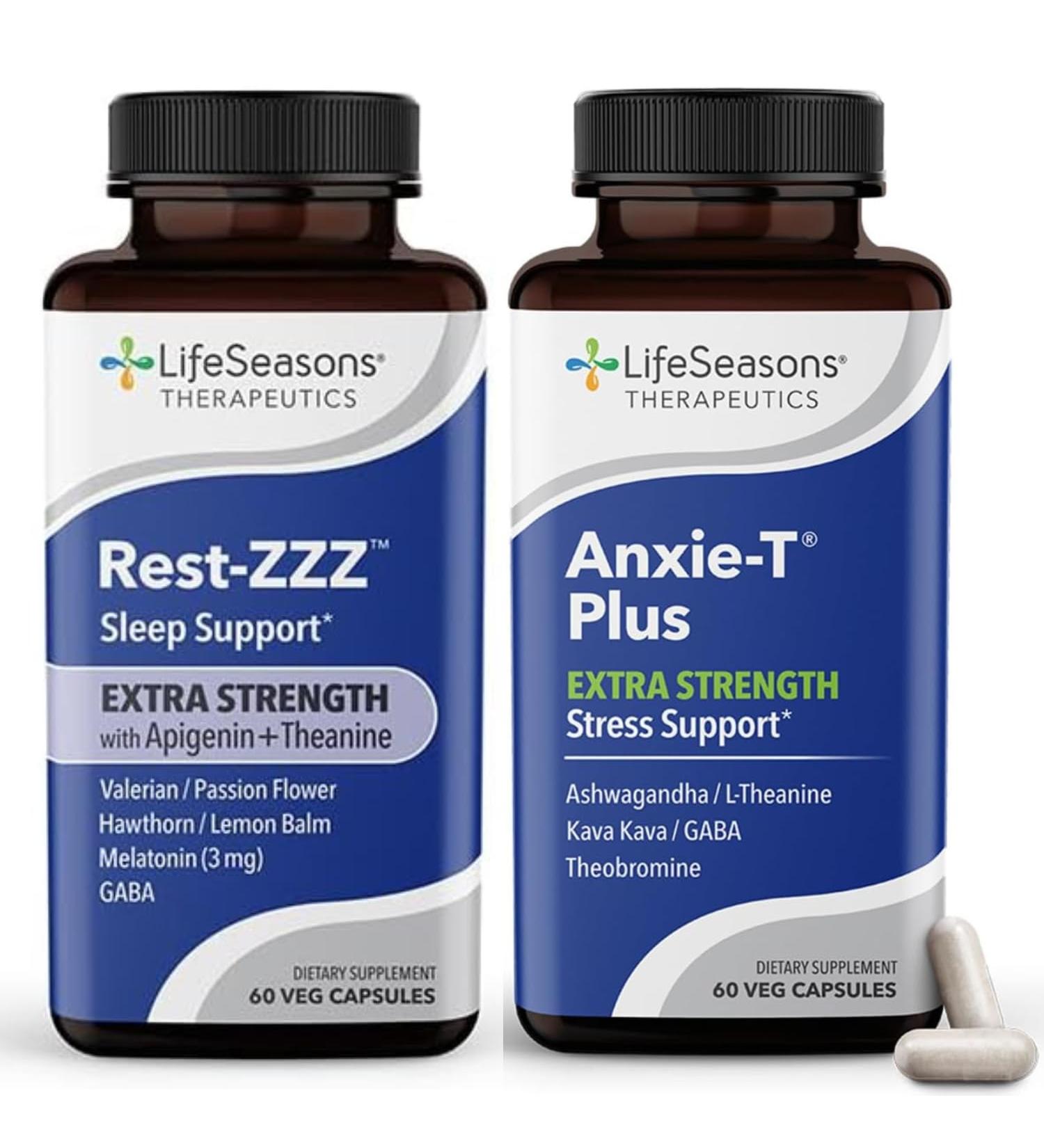 LifeSeasons Rest-ZZZ Extra Strength + Anxie-T Plus Bundle Sleep & Stress Support Supplement Pack Fall Asleep & Feel Calm Supports Nervous System Eases Tension - 60 Capsules & 60 Capsuless - Buy Online on GoSupps.com