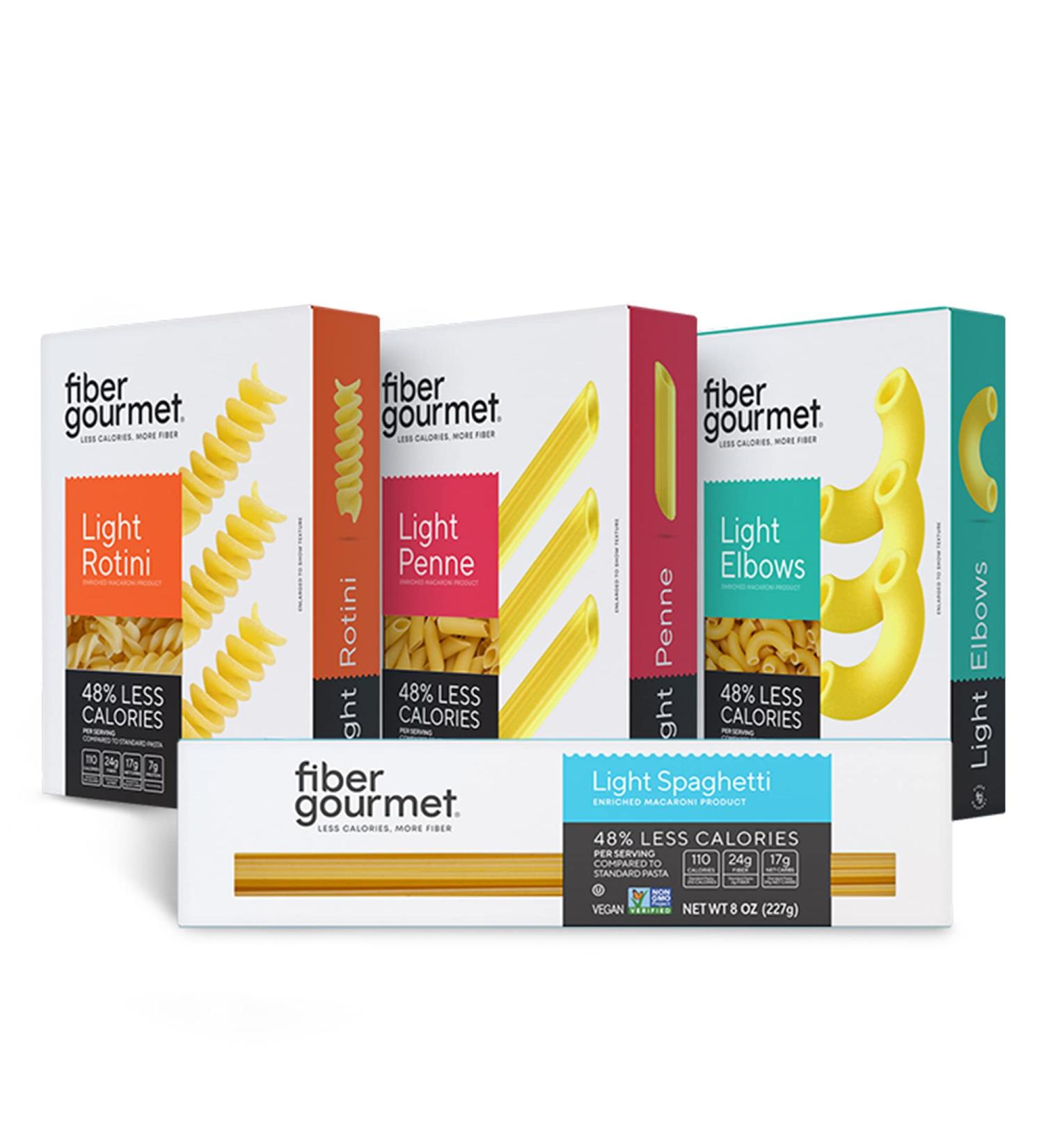 Fiber Gourmet Pasta Variety Pack - Spaghetti, Rotini, Penne, Elbows - Low Calorie & Fiber-Rich - Made in Italy - Non-GMO, Kosher, Vegan - 8oz Box x4 - Buy Online on GoSupps.com