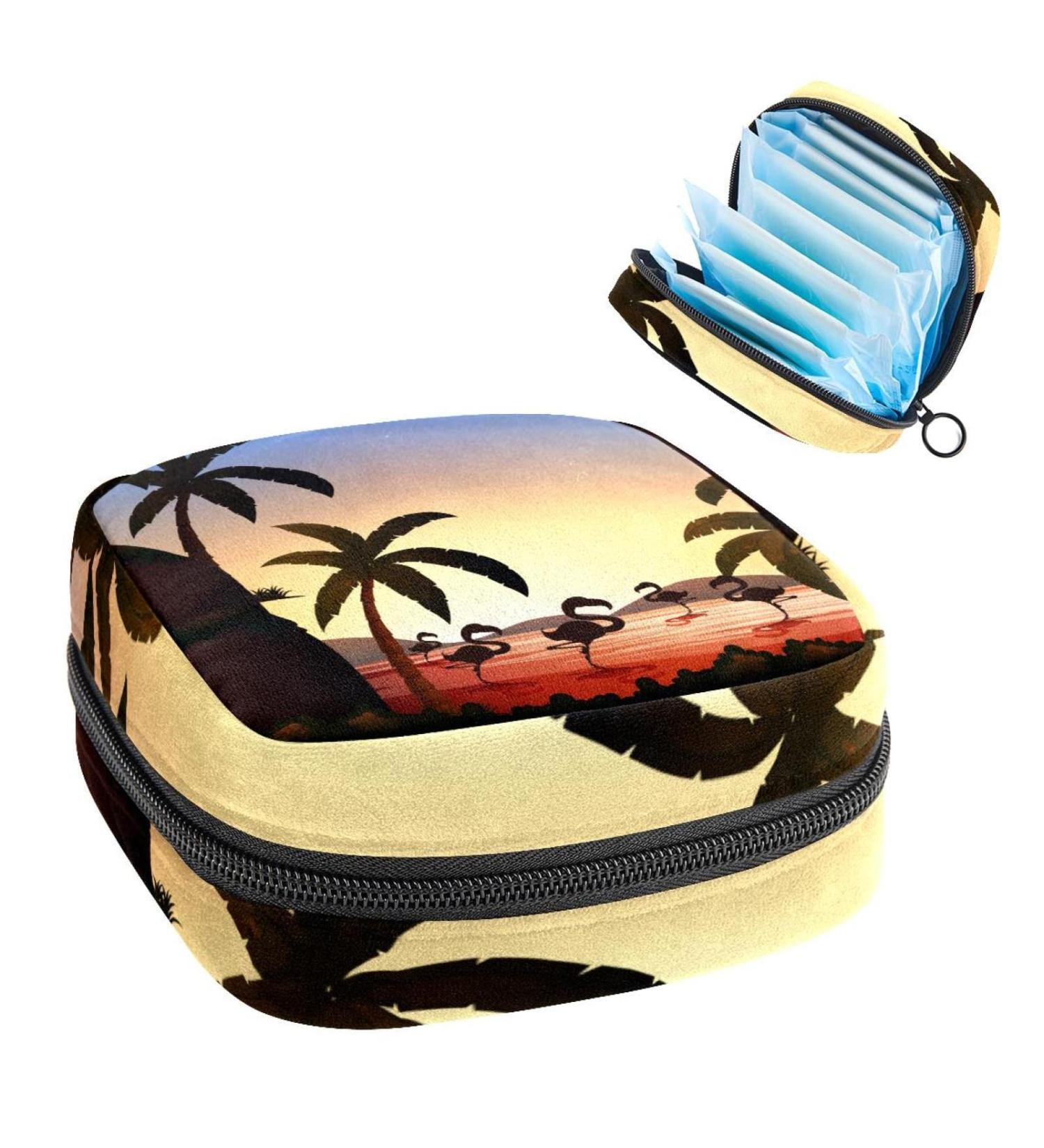 Flamingo Coconut Tree River Silhouette Sanitary Napkin Storage Bag - Portable Period Pouch for Women and Teens - Multi-colored - Buy Online on GoSupps.com
