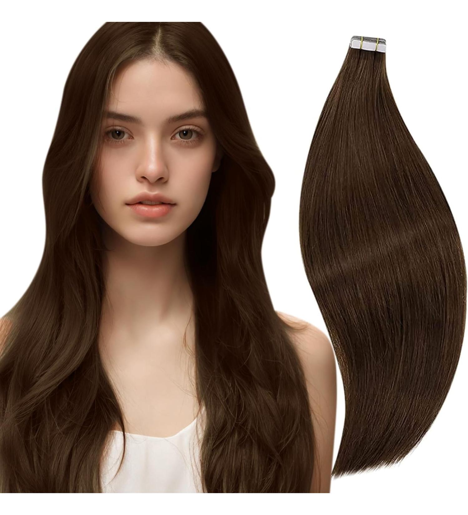 Runature Real Hair Extensions Tape - 25cm Brown Short Hair 20 Pieces Invisible Tape-in Human Hair #4 30g - Buy Online on GoSupps.com