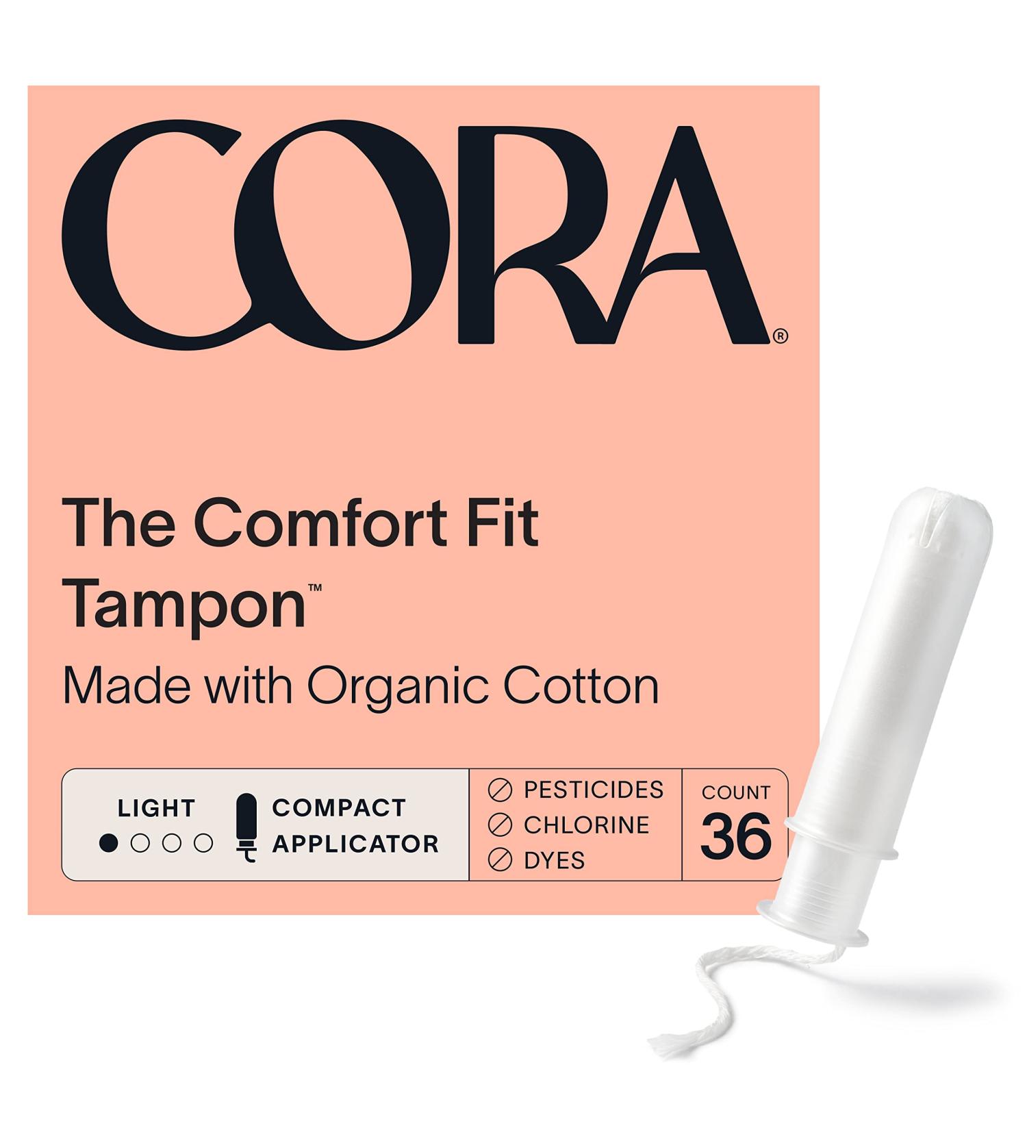 Organic Cora Tampons | Light Absorbency | 100% Cotton Core | BPA-Free | Unscented | Leak Protection | Non-Toxic | Easy Insert | 36 Count Pack - Buy Online on GoSupps.com
