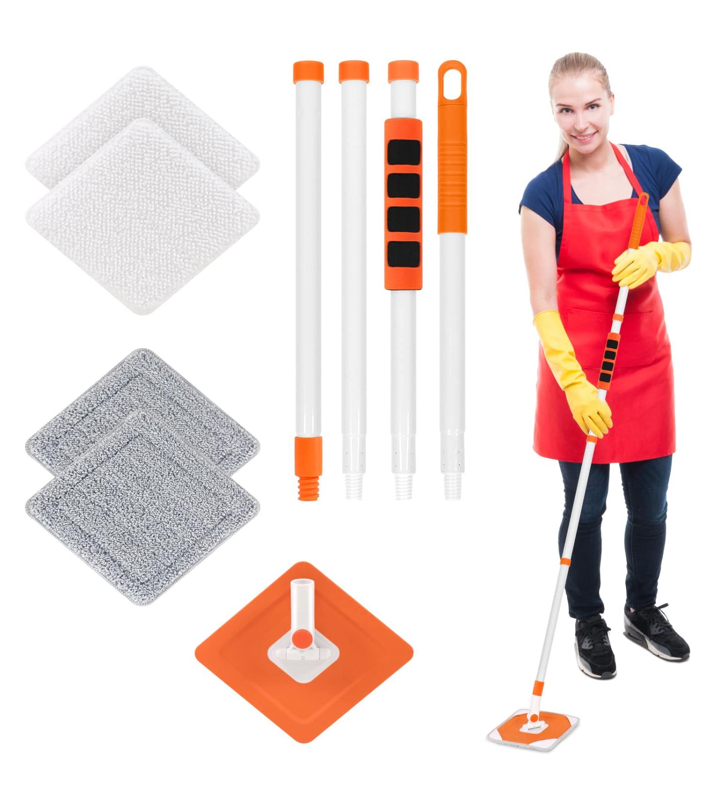 Wall Mop Cleaner with Long Handle | Baseboard Cleaning Tool with Extension Pole | 4 Washable Pads | 54in - Buy Online on GoSupps.com