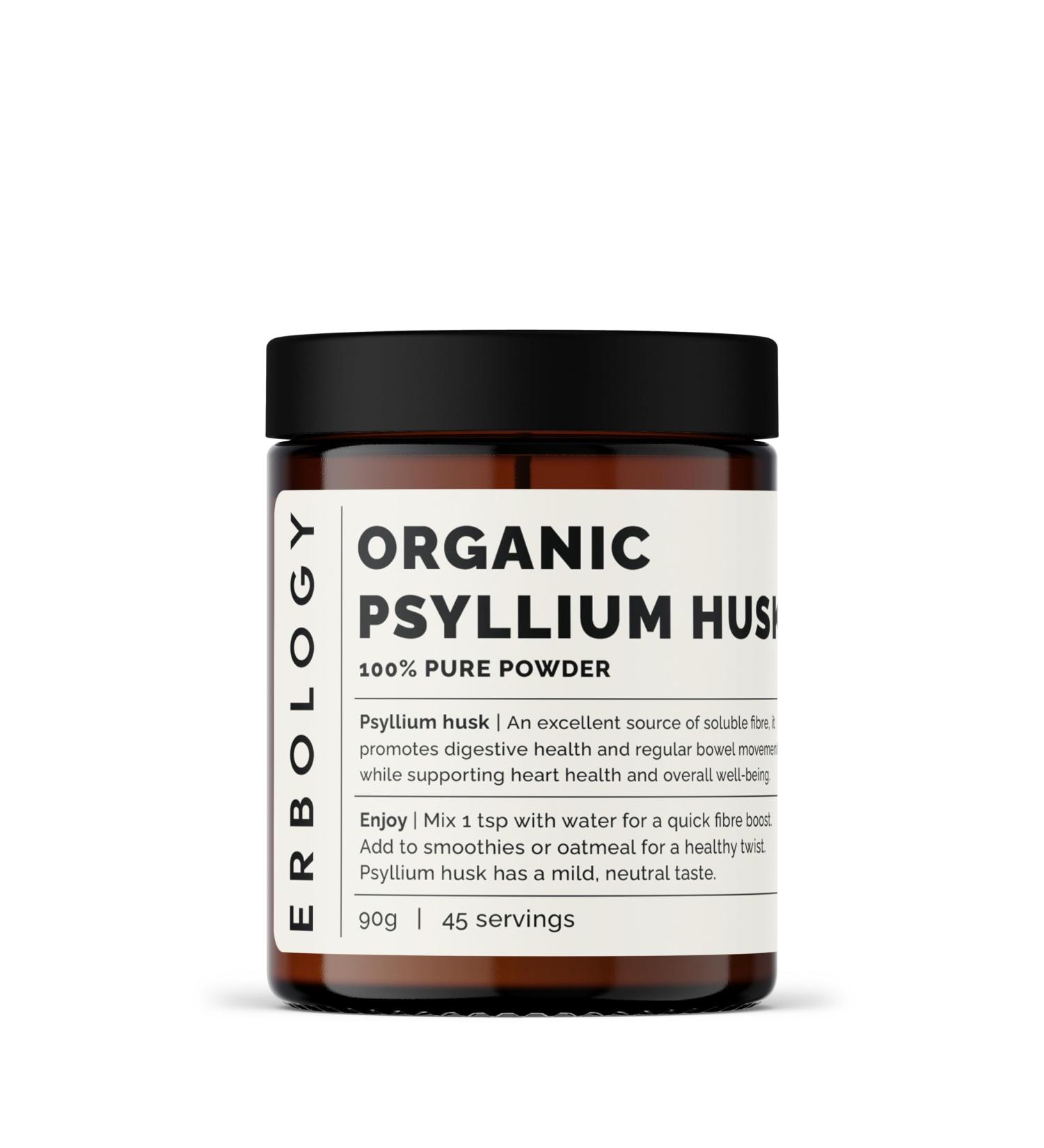 Erbology Organic Psyllium Husk Powder 90g - 45 Servings - Promotes Digestive Health and Regular Bowel Movements - Sustainably Sourced Straight from Farm in India - Small Batch - Vegan - GMO-Free - Buy Online on GoSupps.com