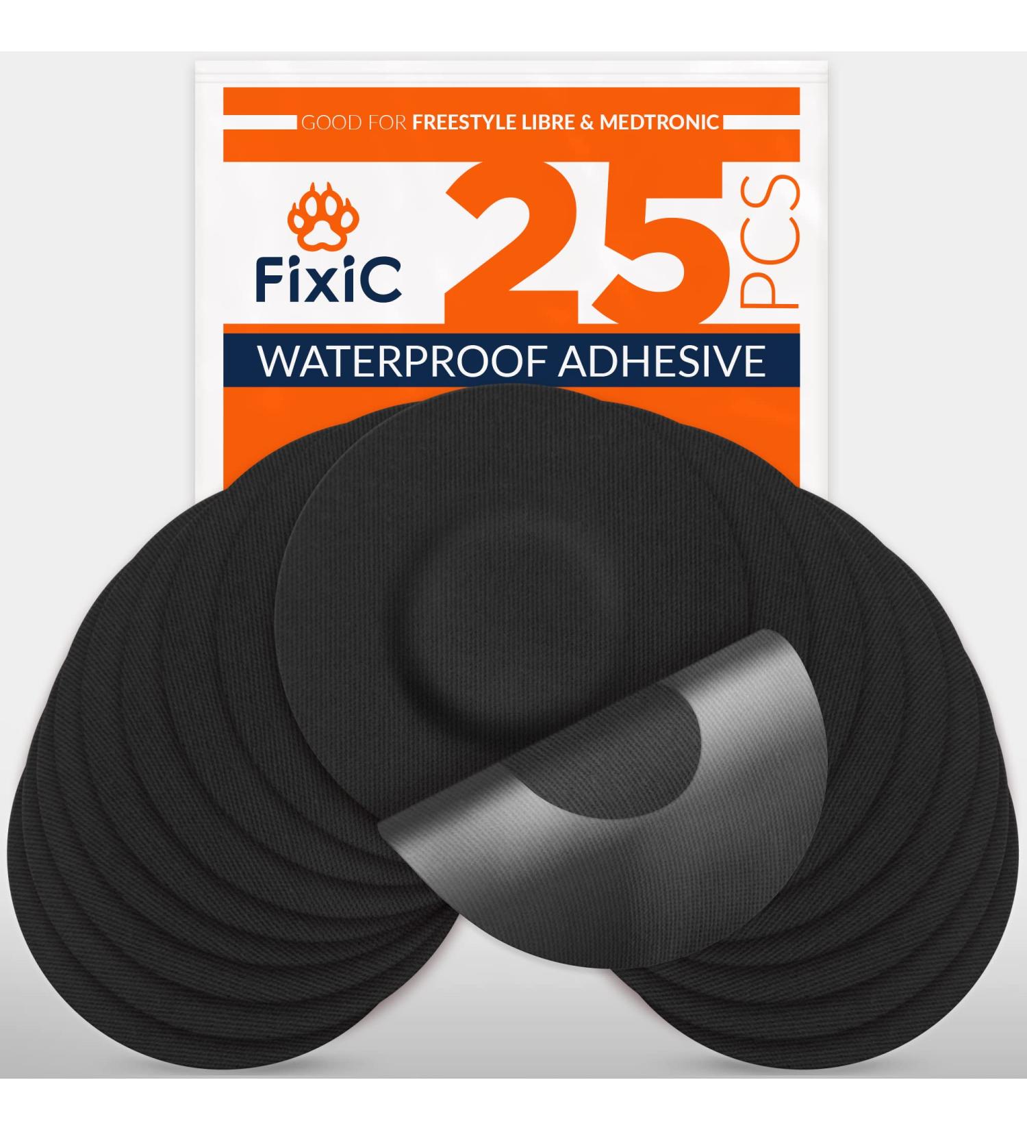 Fixic Freestyle Adhesive Patch 25 PCS - Suitable for Libre, Enlite, Guardian - No Glue Center - Pre-Cut Back Paper - Long-lasting Sensor Fixation (Black) - Buy Online on GoSupps.com