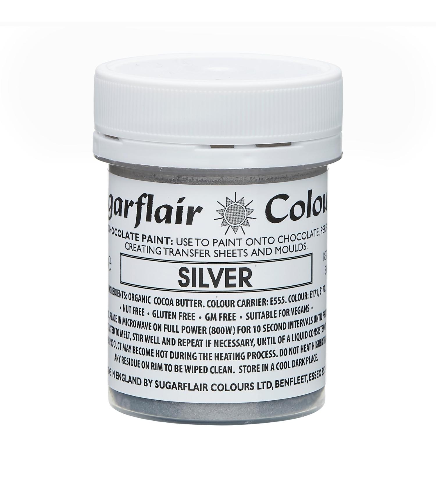 Sugarflair Silver Chocolate Paint - Coloured Cocoa Butter for Painting Directly Onto Chocolate Transfer Sheets or Moulds - 35g