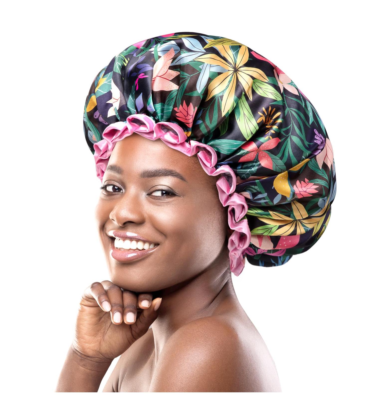 Mikimini Rainforest Large Shower Hoods 2-Pack | Waterproof & Reusable Shower Caps for Women with Long Hair | Pink Lace Design | XL Size - Buy Online on GoSupps.com