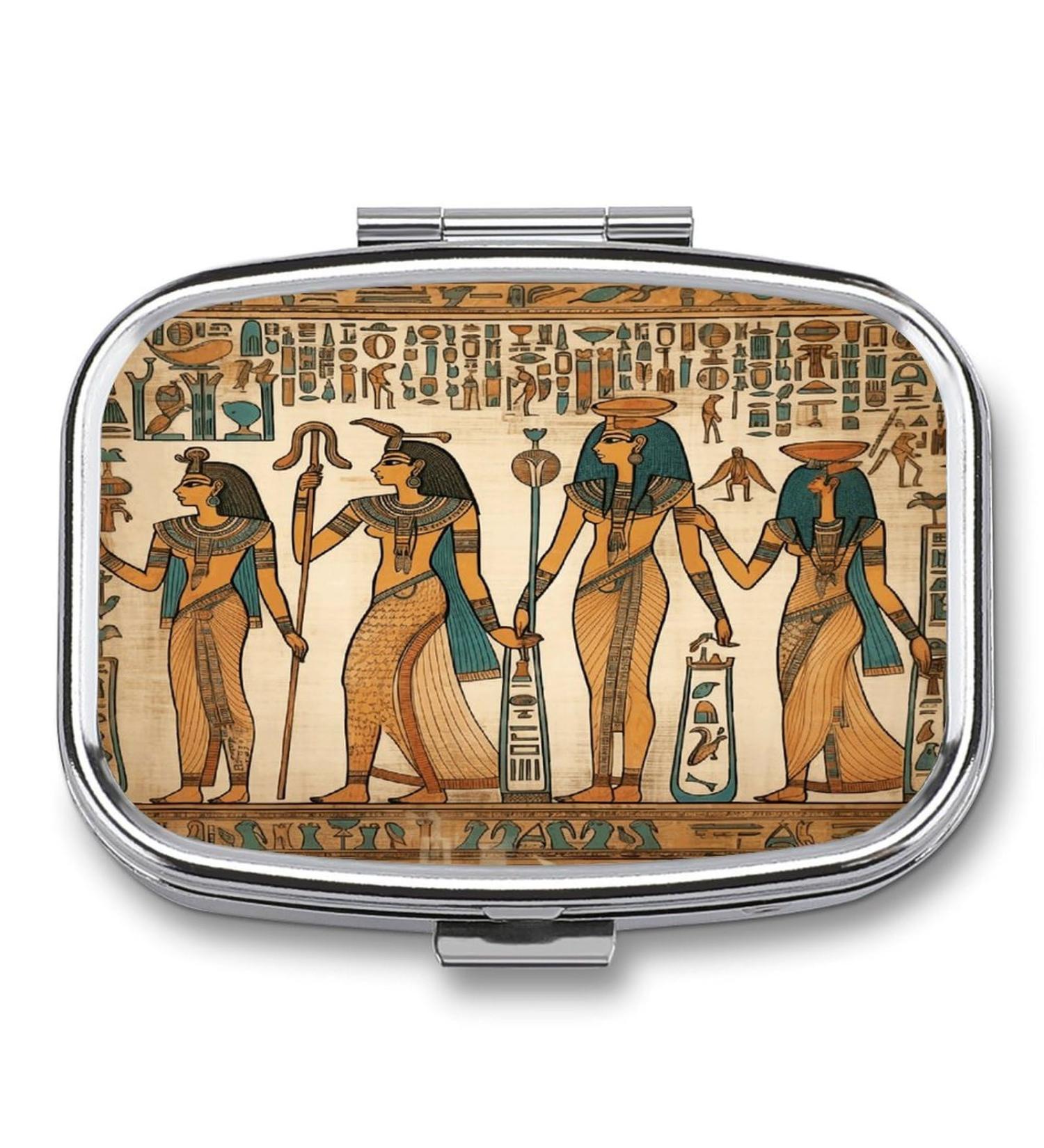 Ancient Egypt Print Pill Box for Women - 2 Compartment Portable Medicine Organizer - Decorative Metal Pill Case for Pocket or Purse - Buy Online on GoSupps.com