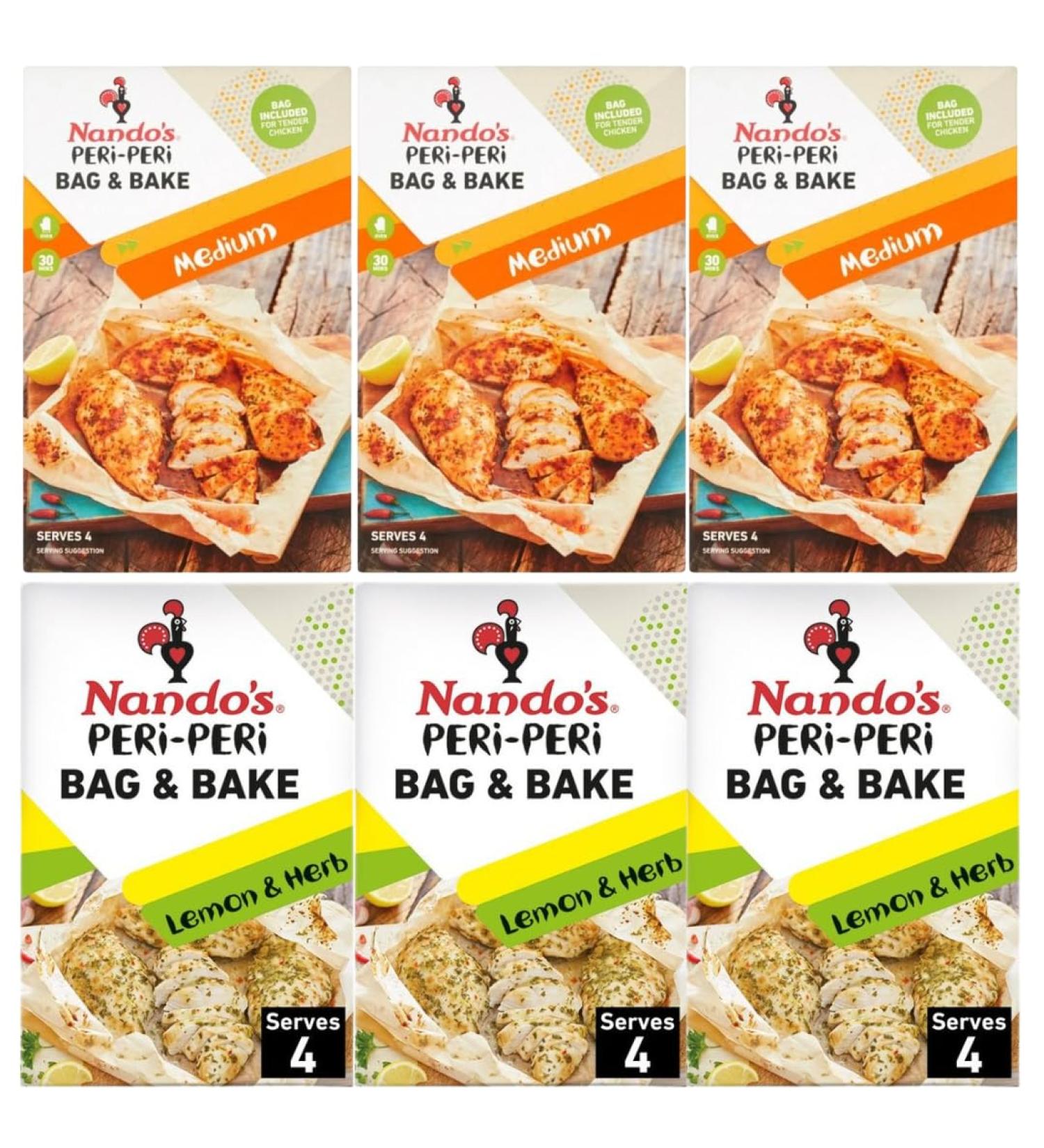 Nando's Bag & Bake Lemon & Herb Sachet 20g x3 and Medium Peri Peri 20g x3 (6 Pack Bundle) - Buy Online on GoSupps.com