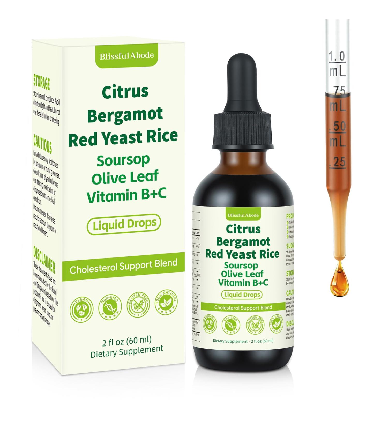 Red Yeast Rice Drops Natural Cholesterol Support with Citrus Soursop Bergamot & Olive Leaf 2 fl oz (60ml) Vegan Non-GMO Supplement with Vitamin B+C - Buy Online on GoSupps.com