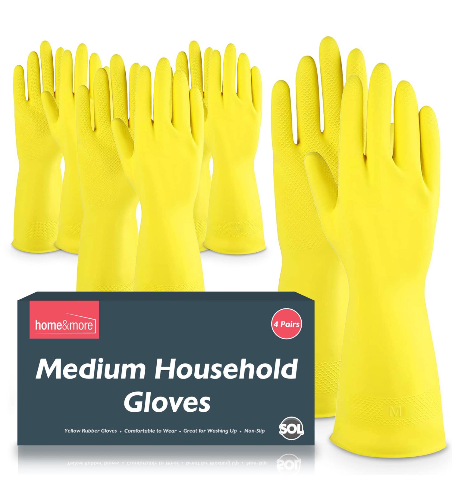 SOL 4 Pairs Medium Yellow Rubber Gloves for Household, Washing Up & Cleaning - Non Slip, Heavy Duty Gloves for Kitchen, Bathroom & Dishwashing - Buy Online on GoSupps.com