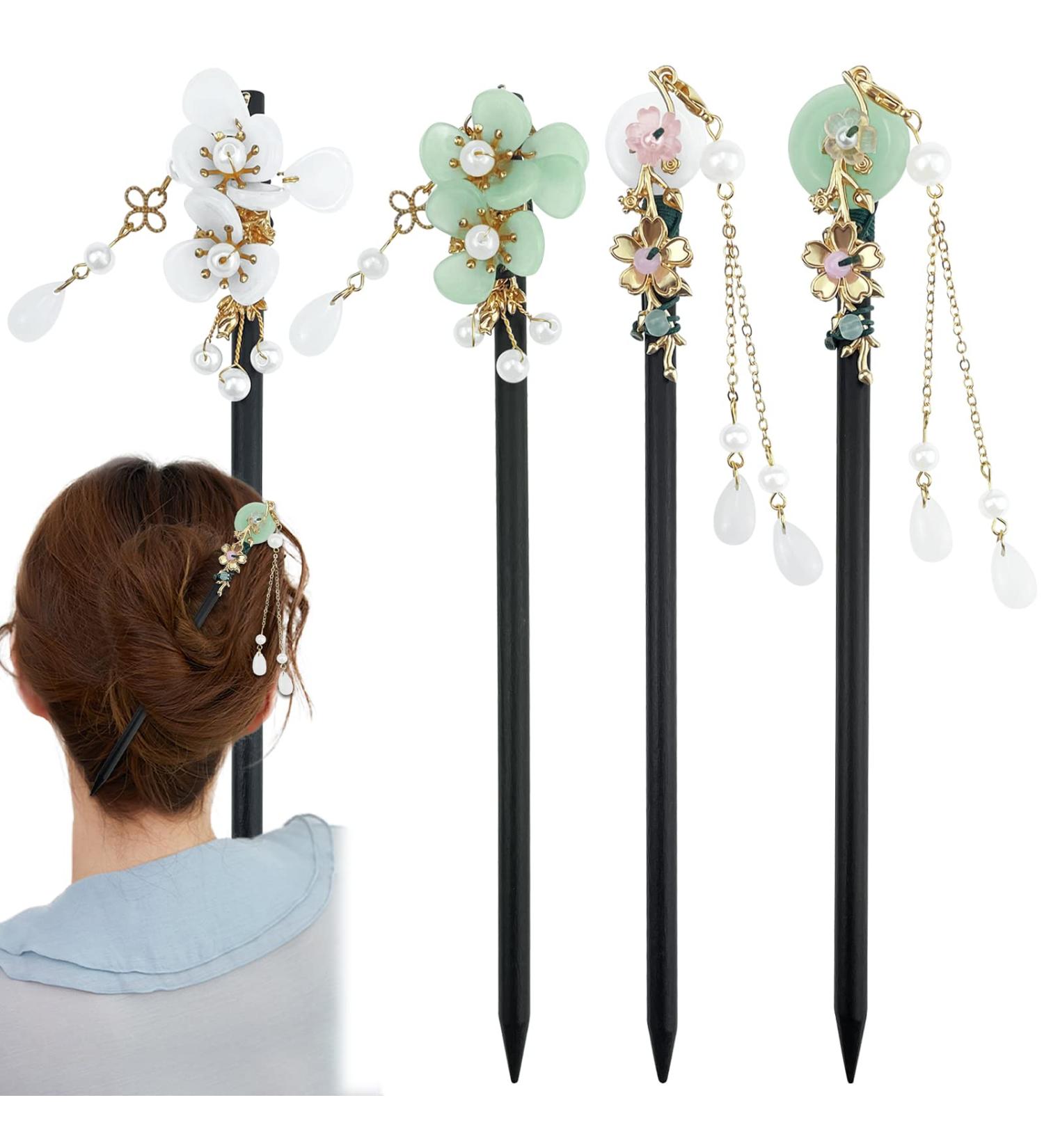 4 Pcs Retro Wooden Flower Hair Chopsticks Set - Japanese Chinese Hair Stick Vintage Hanfu Pins Headdress for Women - Buy Online on GoSupps.com
