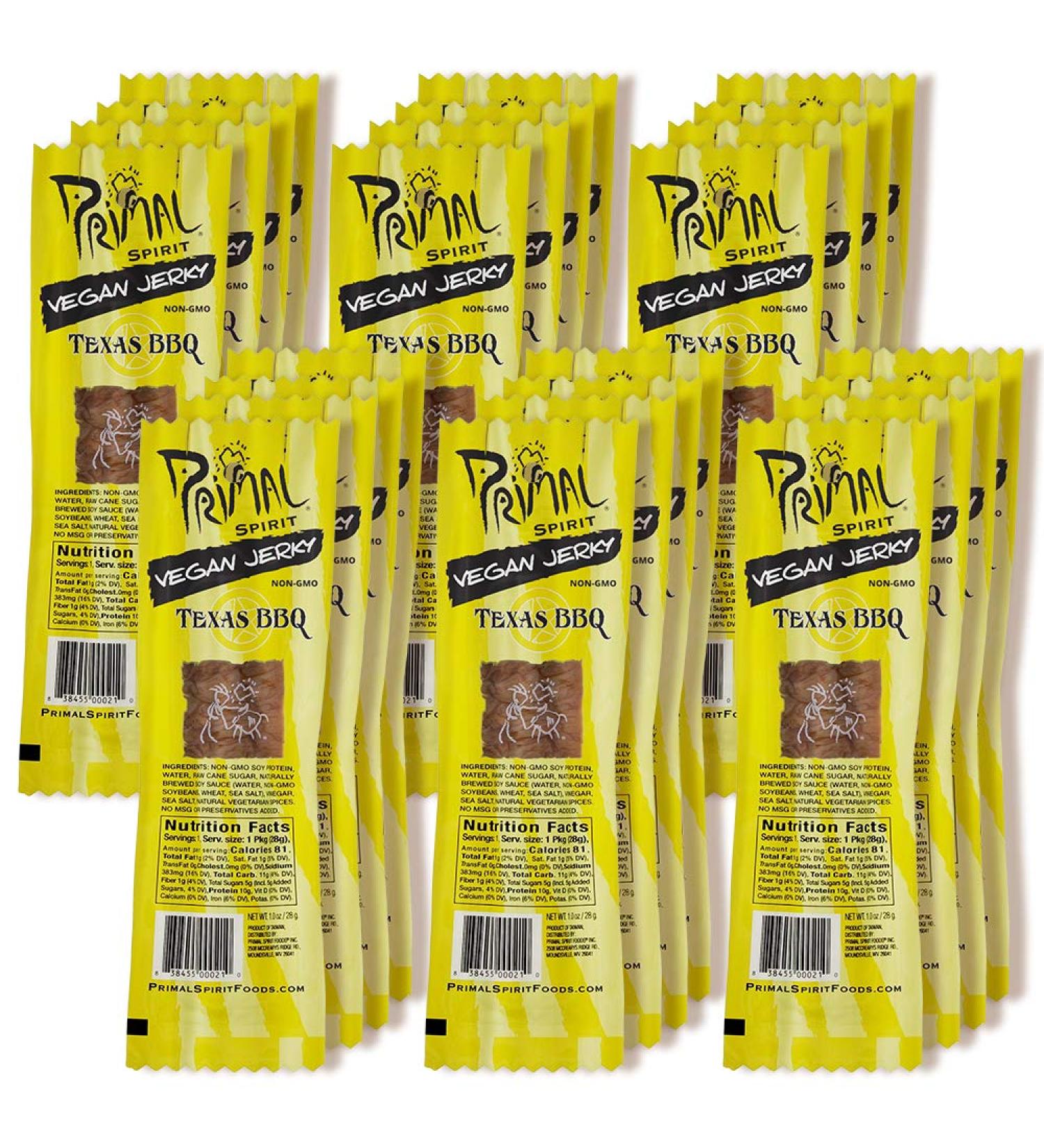 Primal Spirit Vegan Jerky - Classic Texas BBQ, 24 Pack, Non-GMO, Plant-Based Protein, 10g, No Preservatives - Buy Online on GoSupps.com