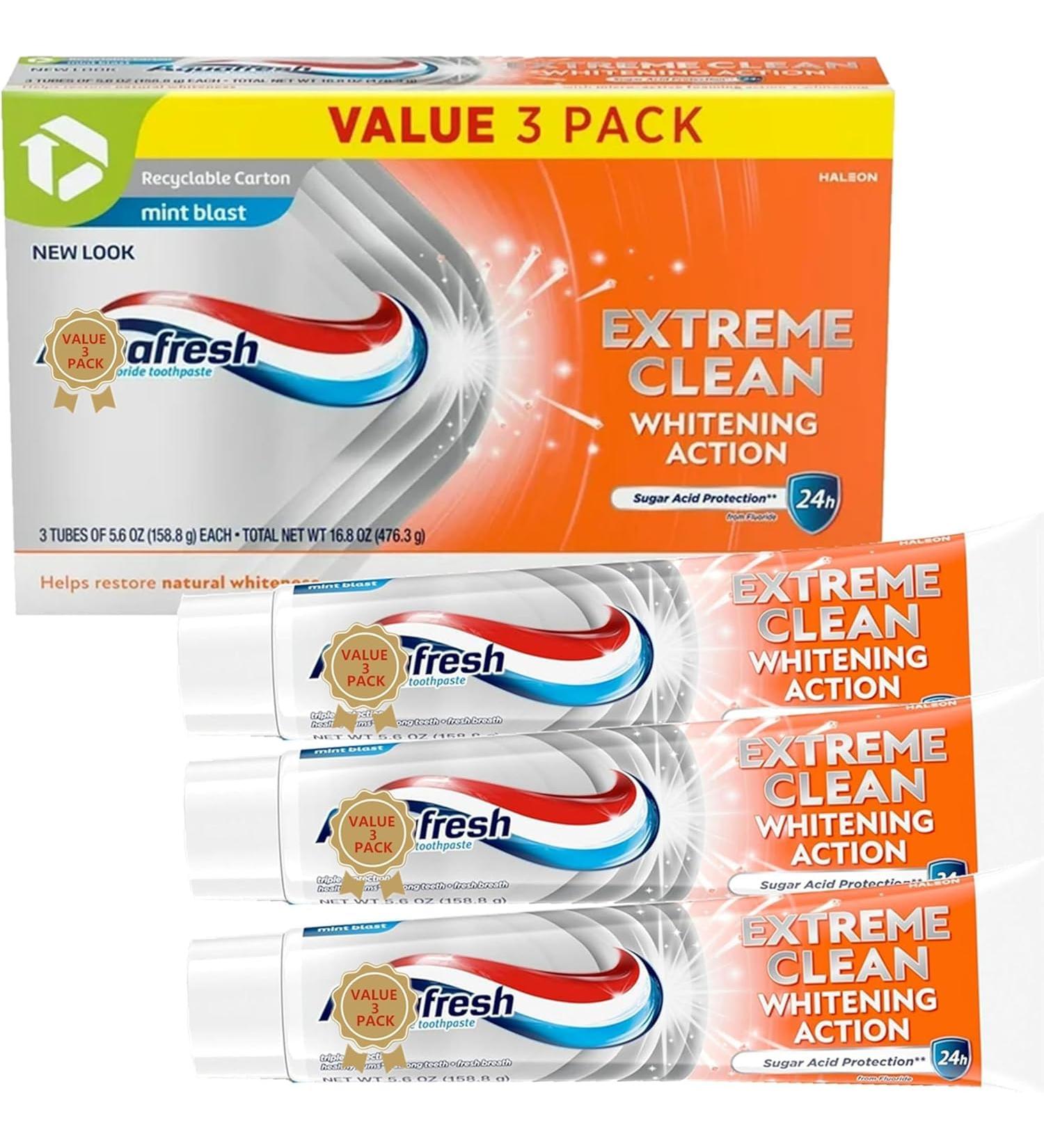 Extreme Aquafresh Clean Whitening Action Fluoride Toothpaste Mint Blast (Pack of 3) 5.6 oz - Buy Online on GoSupps.com
