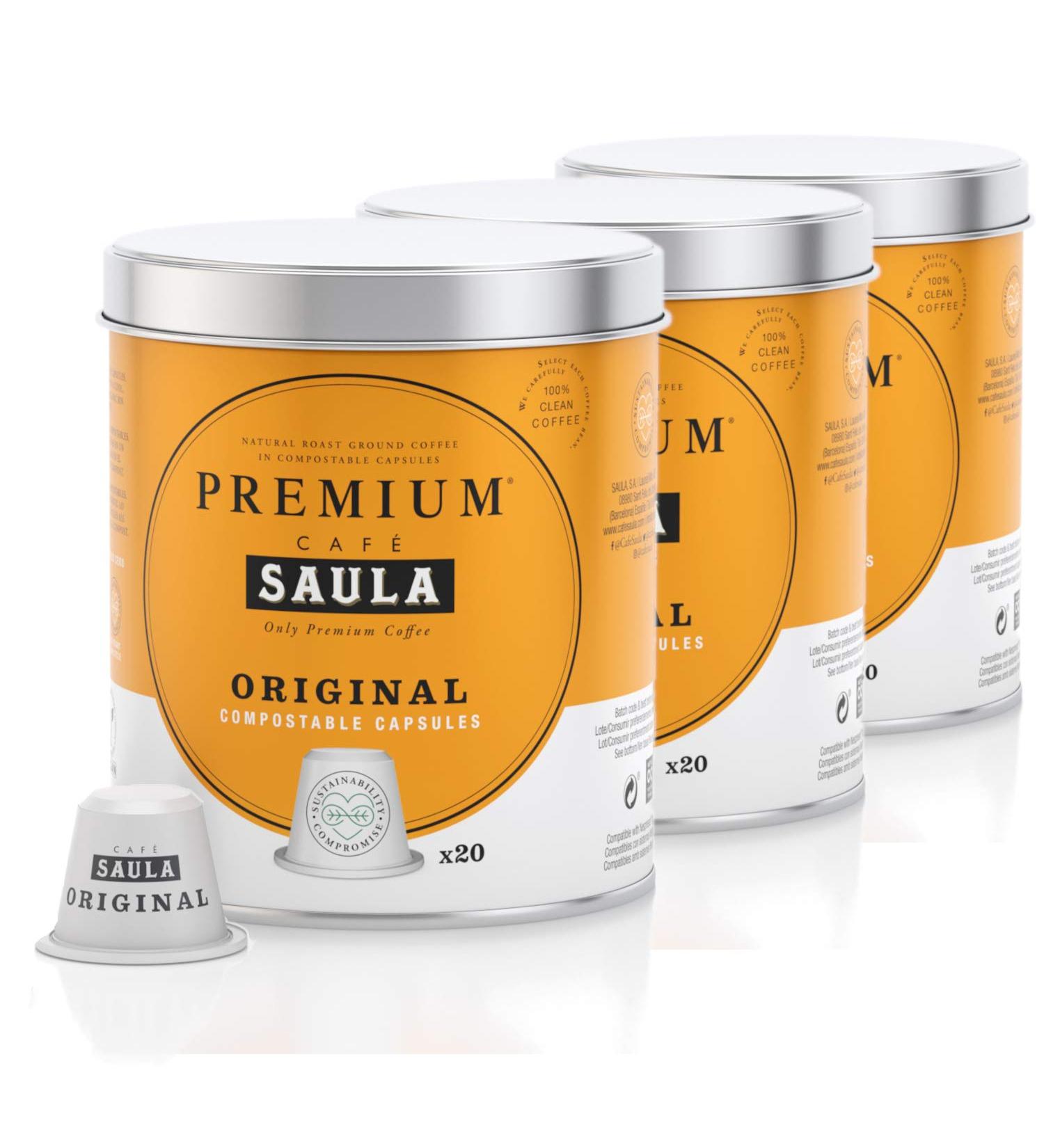 Caf Saula Pack of 3 boxes 60 compostable capsules. Original Coffee. Nespresso compatible - Buy Online on GoSupps.com