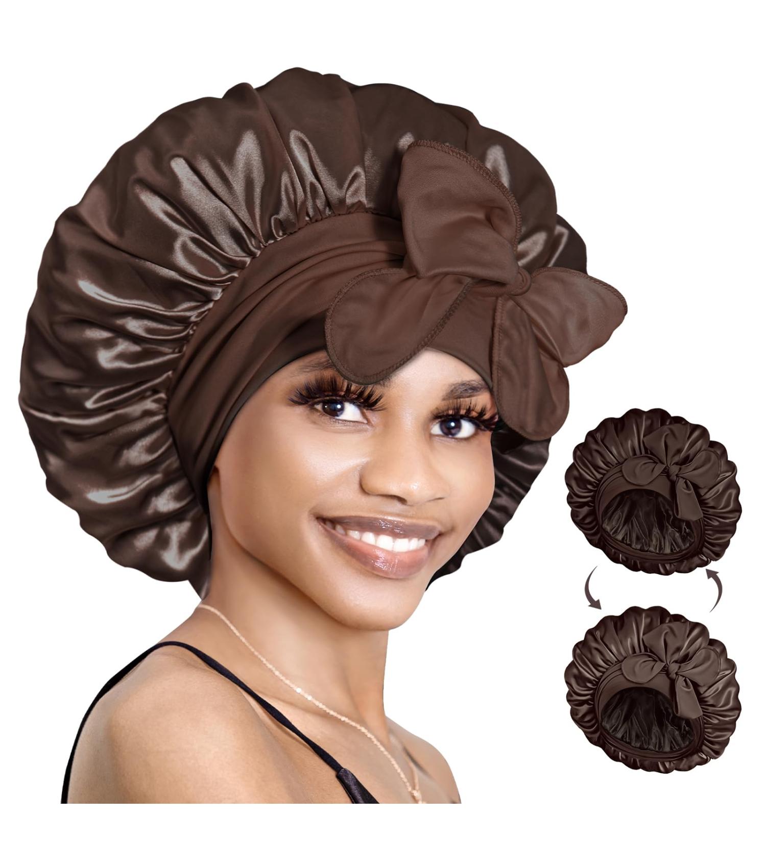 Bonnet Queen Satin Silk Sleeping Cap - Adjustable Night Hair Care for Curly & Long Hair - Breathable Protective Hood in Chocolate - Buy Online on GoSupps.com