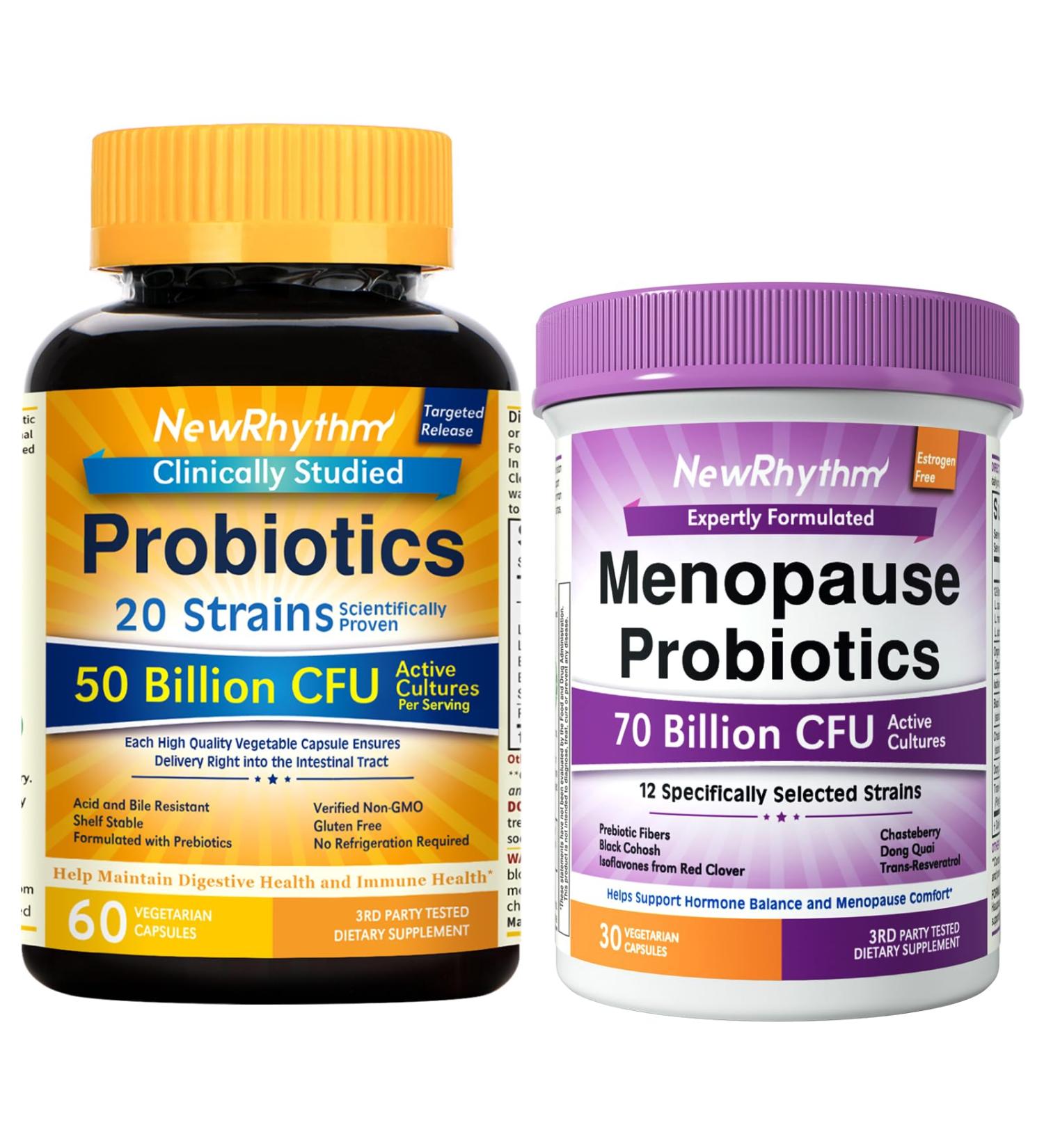 NewRhythm Probiotic Bundle: Complete Digestive Health + Menopause Relief with Black Cohosh Prebiotics 20 Strains Targeted Release Technology Non-GMO 90 Total Capsules - Buy Online on GoSupps.com