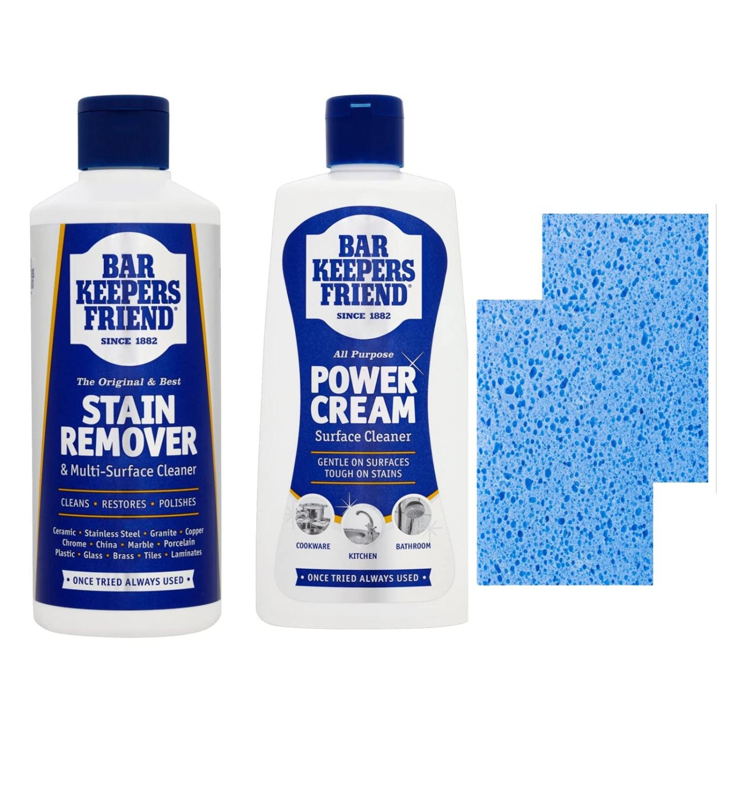 Bar Keepers Friend All Purpose Cleaning Bundle-1x Stain Remover Multi Surface Cleaner Powder 250g 1x All Purpose Power Cream Surface Cleanser 350ml | 2x Washable Sponge Wipes - Buy Online on GoSupps.com