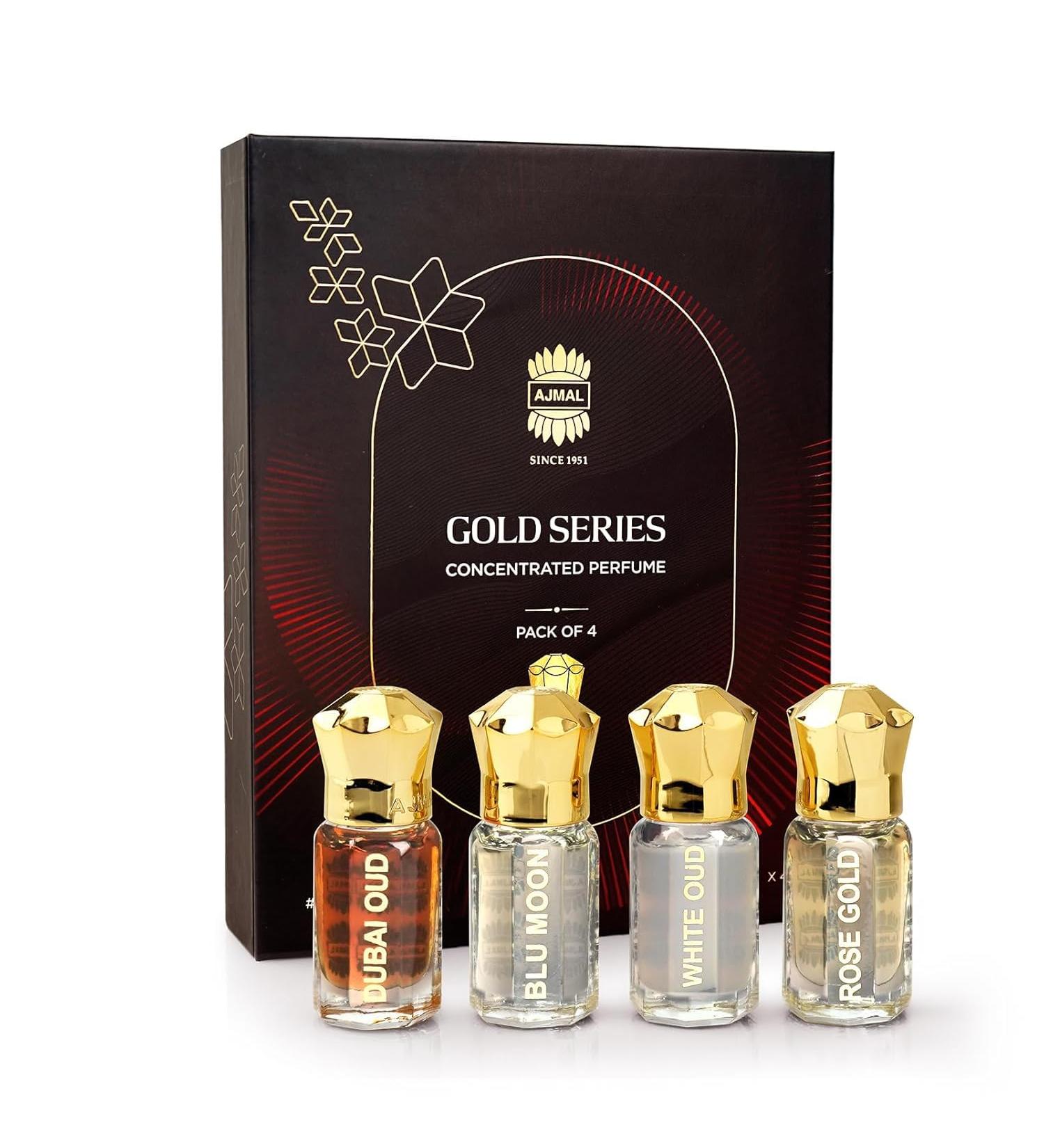 Ajmall Gold Series Concentrated Perfume | Set Pack of 4 | Dubai Oud Blu Moon White Oud Rose Gold - Buy Online on GoSupps.com