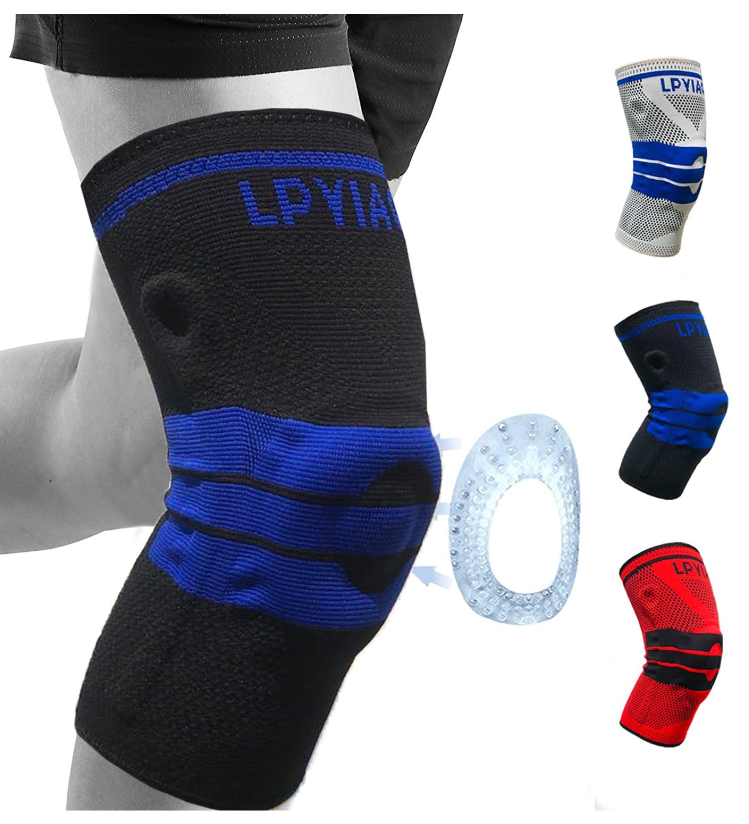 Knee Brace Compression Sleeve - Support for Arthritis Running Basketball | Side Spring & Silicone Pad - XXL (Black-Blue - Buy Online on GoSupps.com