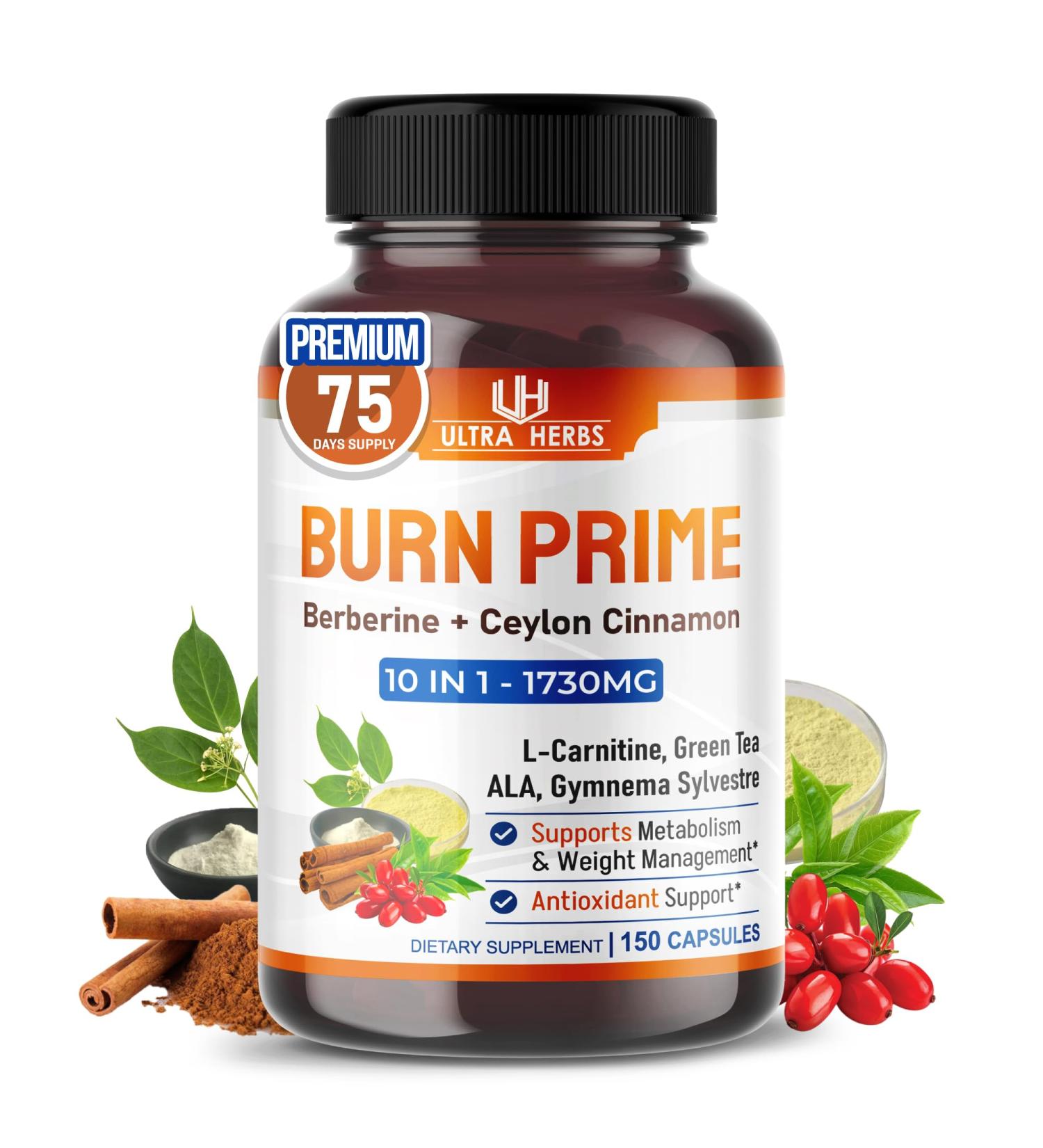 Ultra Burn Prime 1730 mg 10-in-1 with Berberine Ceylon Cinnamon L-Carnitine ALA Green Tea & Gymnema Supports Metabolism Energy & Digestive Balance 150 Capsules 150 count (pack of 1) - Buy Online on GoSupps.com
