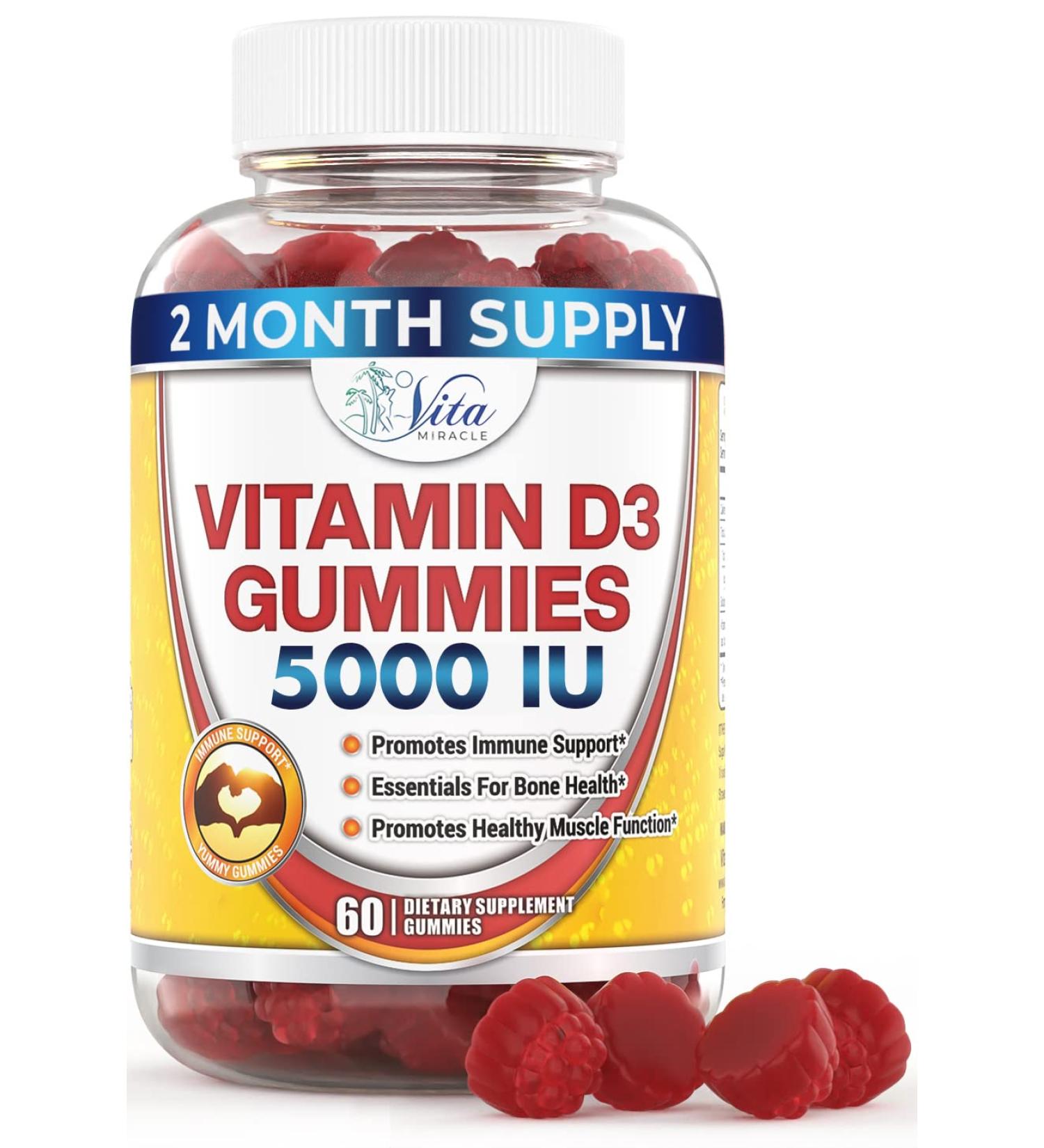 Vitamin D Gummies 5000 IU for Adults & Kids - Chewable D3 Supplement 2 Month Supply - Tasty 60ct Pack - Men & Women - Buy Online on GoSupps.com