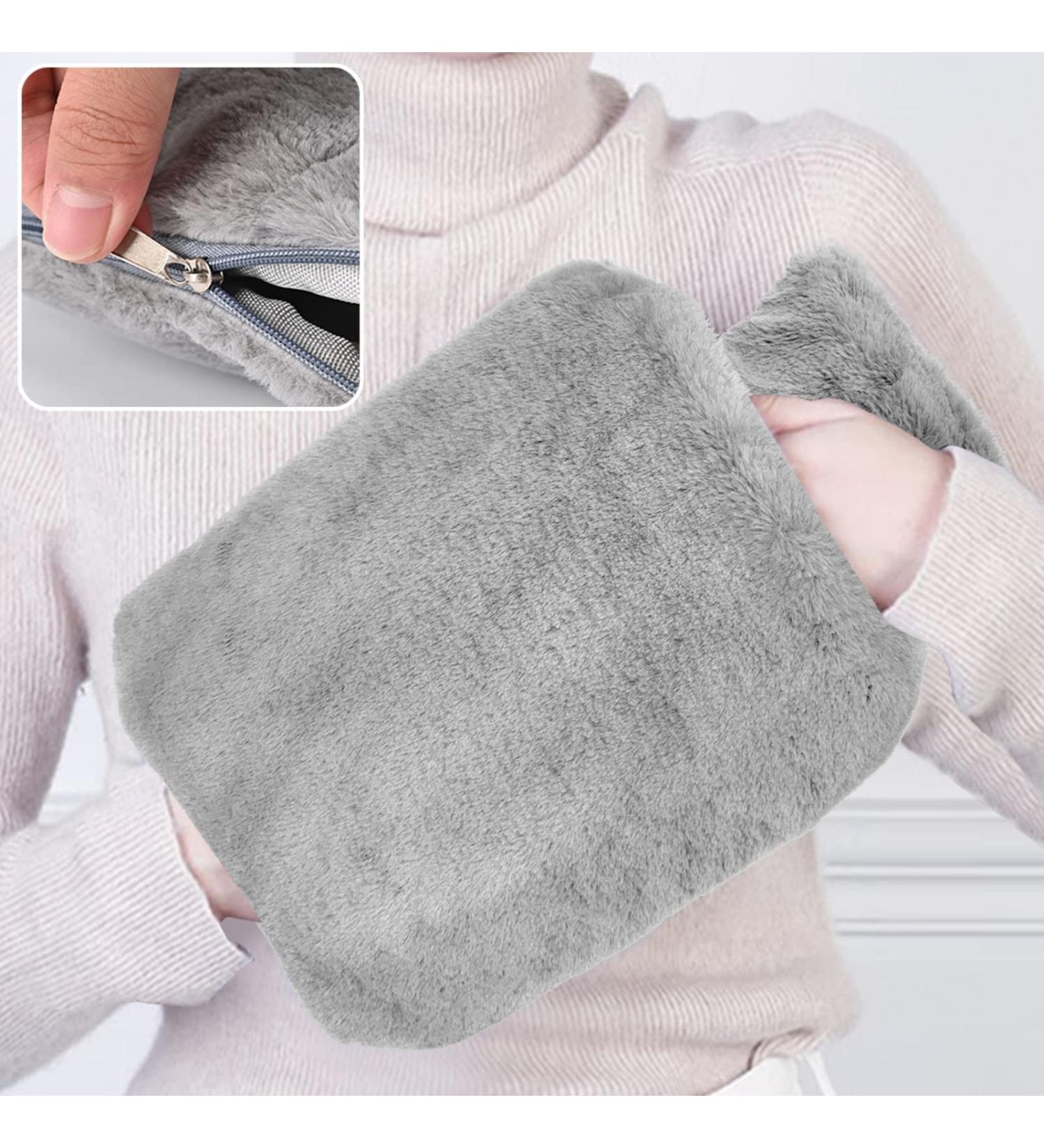 2L Large Grey Fluffy Hot Water Bottle with Zipper Cover - Furry Faux Fur, Pain Relief, Easy On/Off - Ideal Gift for Men & Women - Buy Online on GoSupps.com